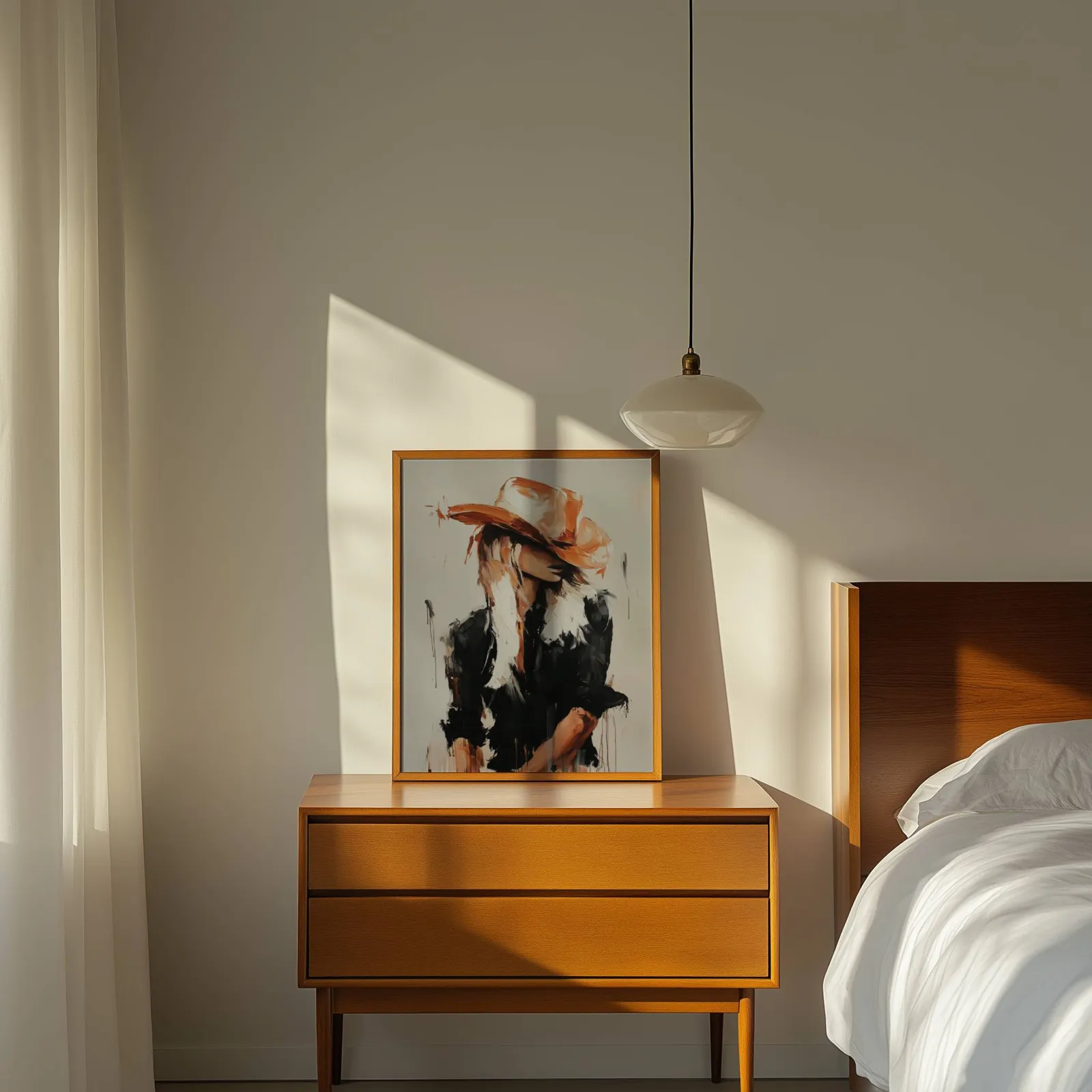 western cowgirl abstract wall art in black and terracotta, propped on a wooden dresser beside a pendant lamp