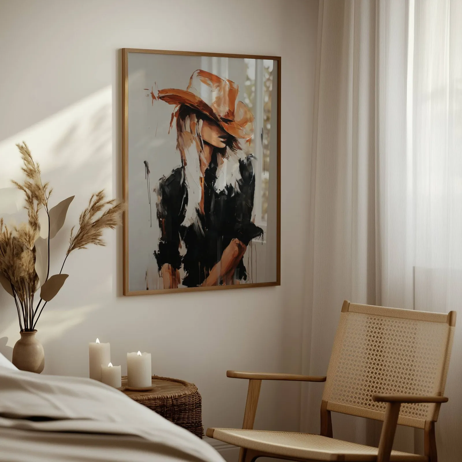 western cowgirl abstract wall art in black and terracotta, above a woven side table with lit candles and pampas grass