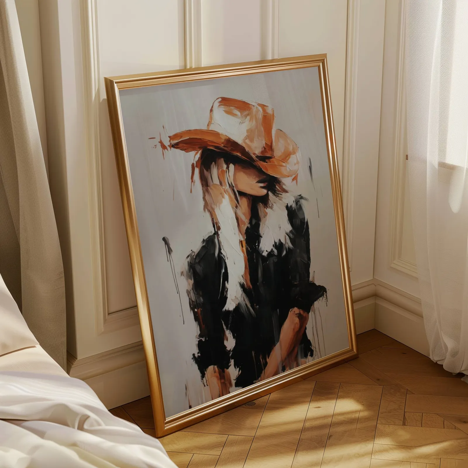 western cowgirl abstract wall art in black and terracotta, leaning in a sunlit corner beside sheer curtains and herringbone floor