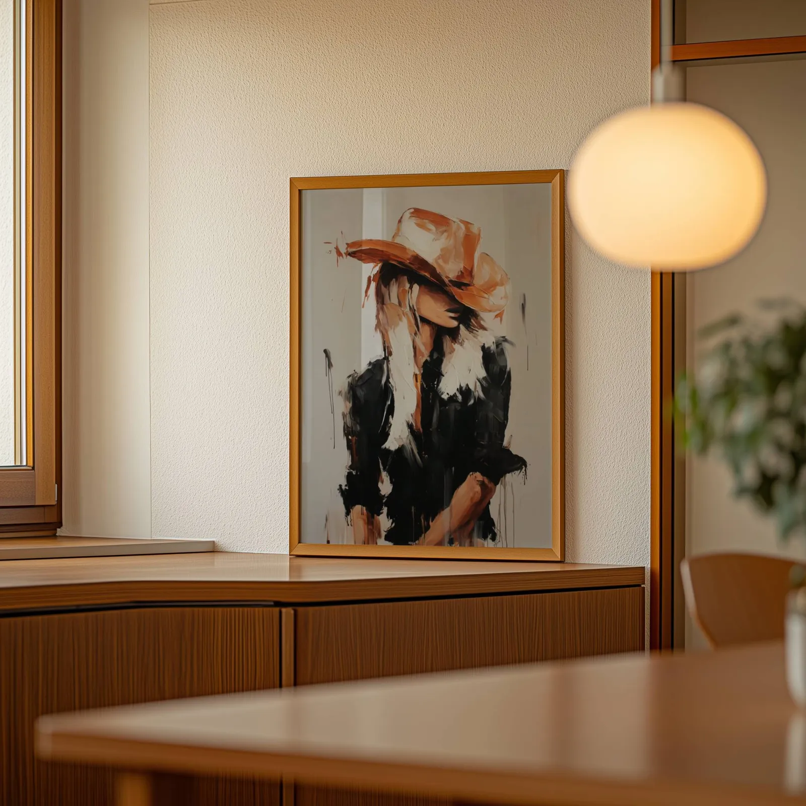 western cowgirl abstract wall art in black and terracotta, leaning on a wooden sideboard beside a glowing globe pendant