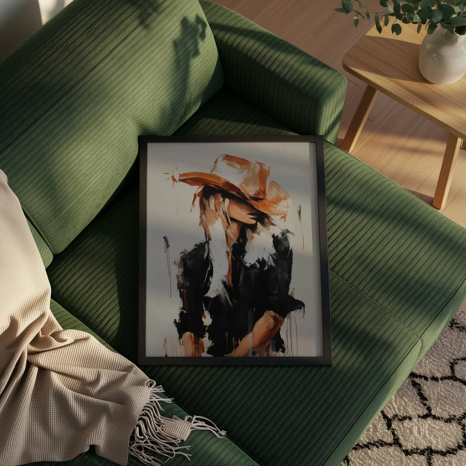 western cowgirl abstract wall art in black and terracotta, propped on a ribbed olive-green sofa beside a fringed throw