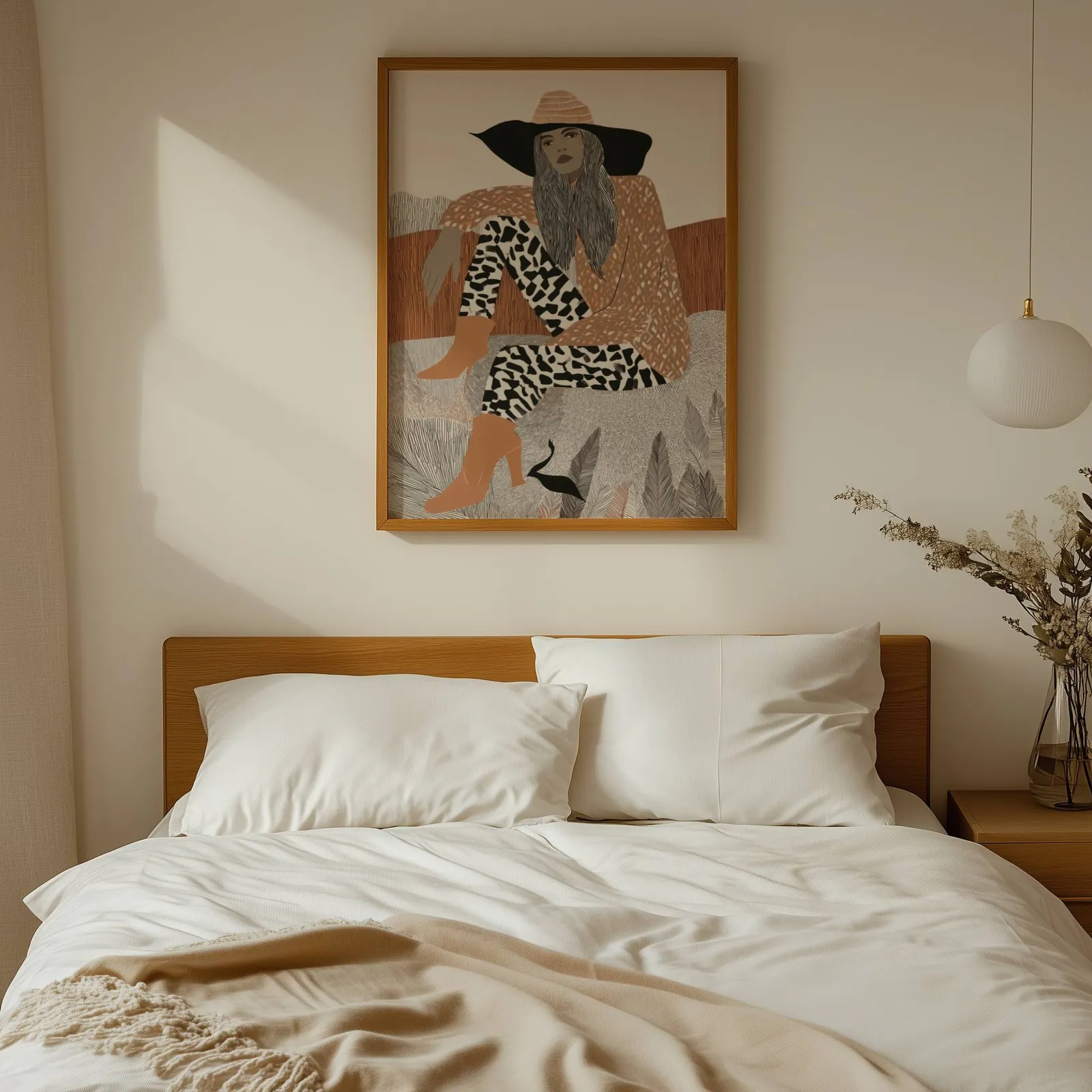 terracotta boho woman portrait wall art, above a wooden headboard with white linen pillows