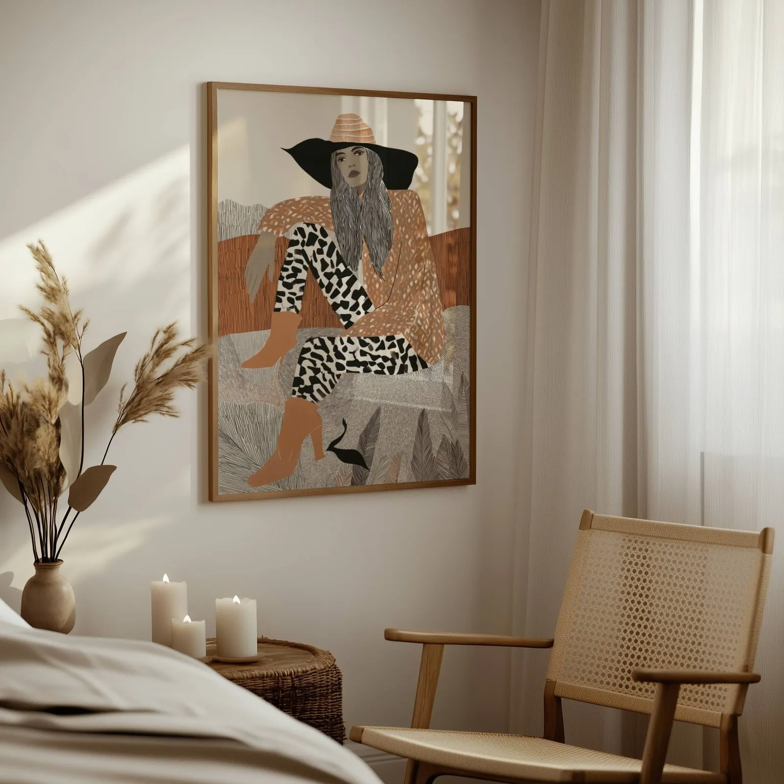 terracotta boho woman portrait wall art, above a woven side table with lit candles and pampas grass