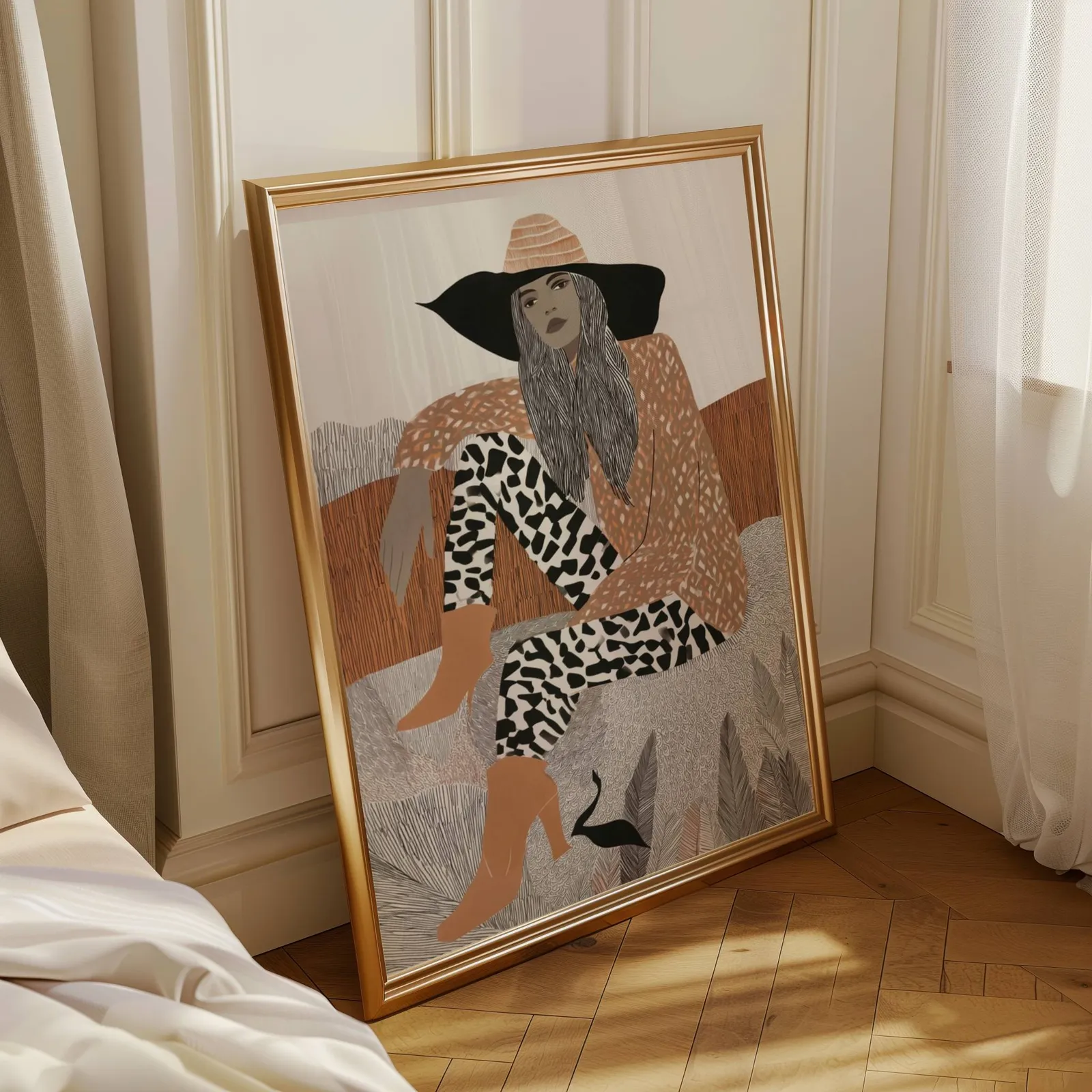 terracotta boho woman portrait wall art, leaning in a sunlit corner beside sheer curtains and herringbone floor