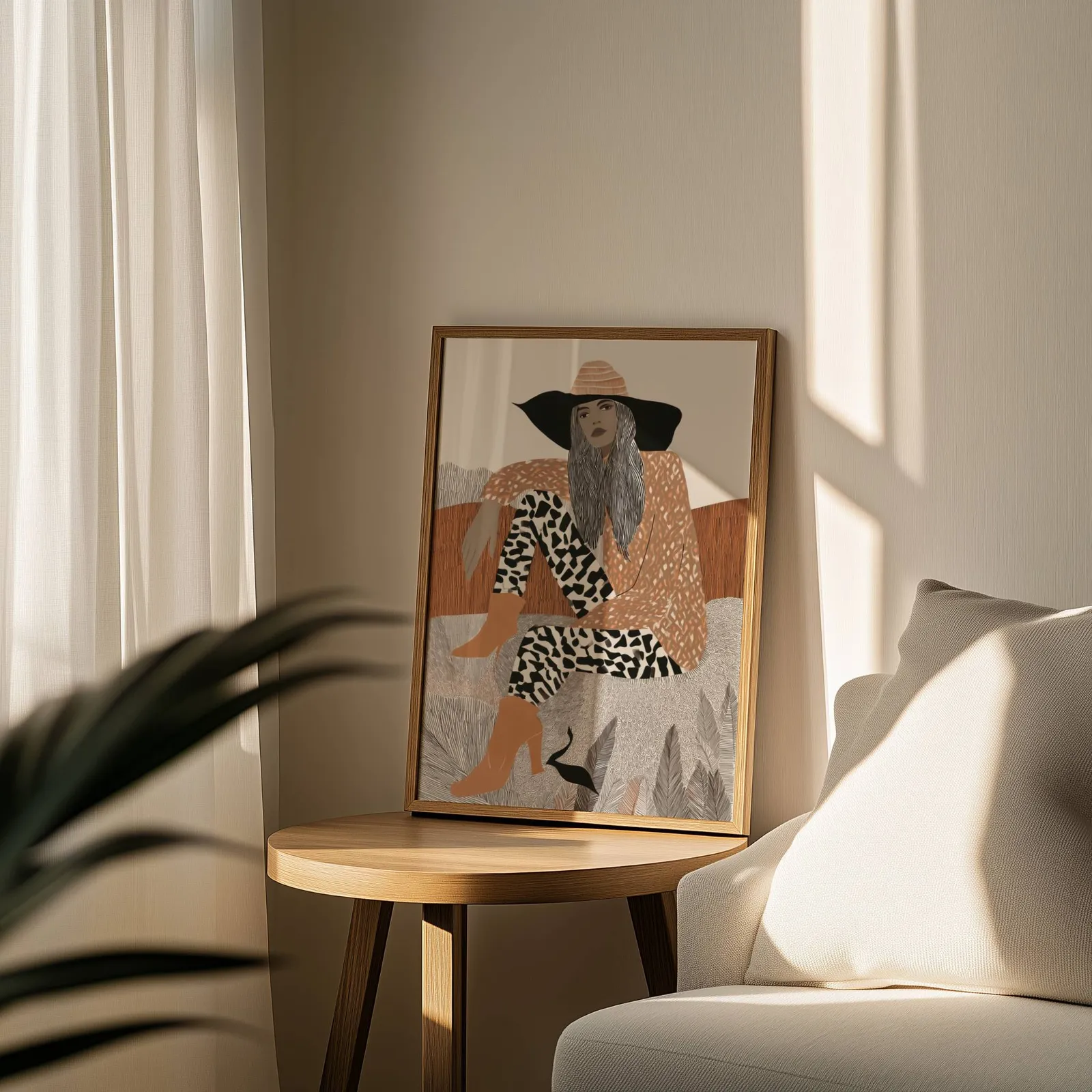terracotta boho woman portrait wall art, leaning on a round wooden side table by a sheer curtain