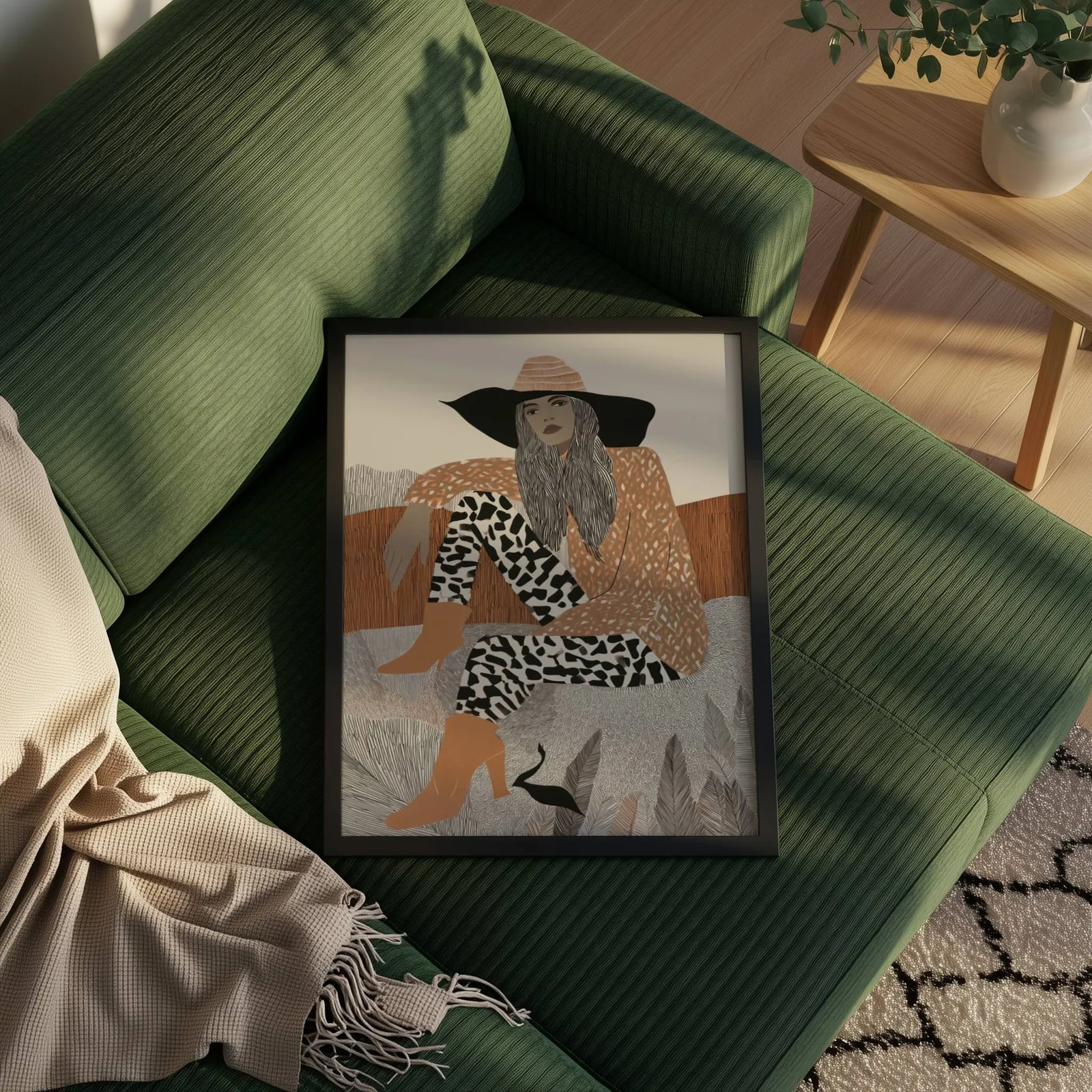 terracotta boho woman portrait wall art, propped on a ribbed olive-green sofa beside a fringed throw