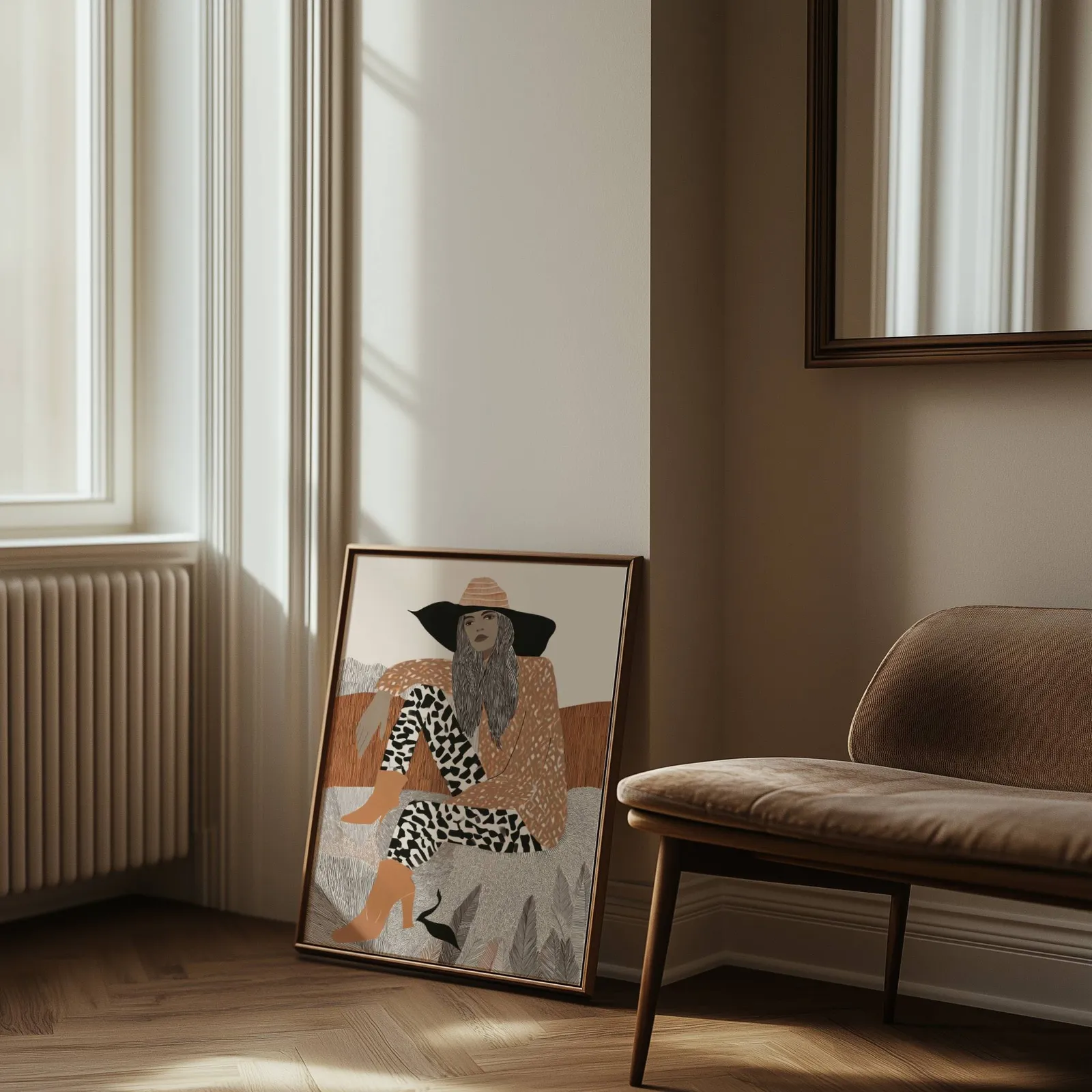 terracotta boho woman portrait wall art, leaning against the wall beside a sunlit radiator and herringbone floor