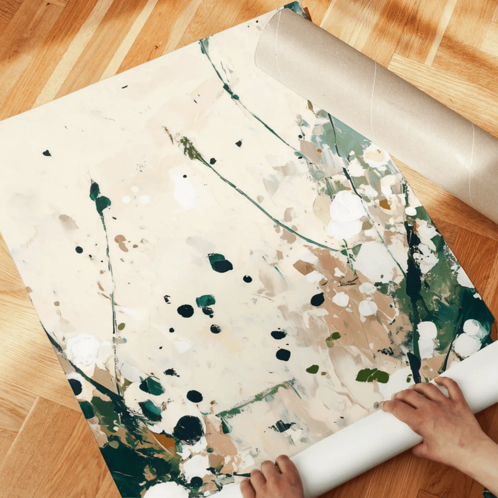 green abstract wall art set of three, unrolled across a herringbone wood floor by hand