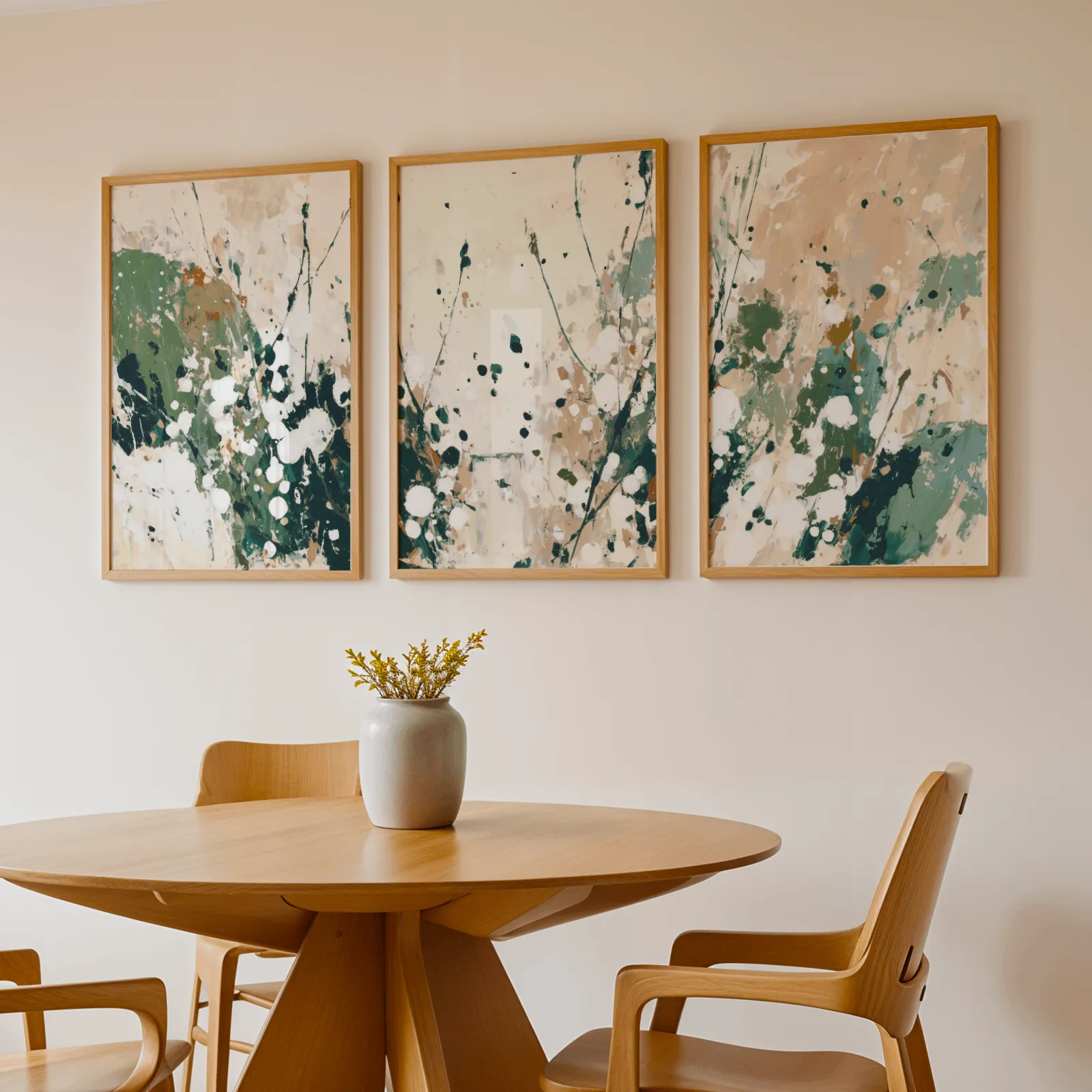 green abstract wall art set of three, above a round wooden table with a stoneware vase