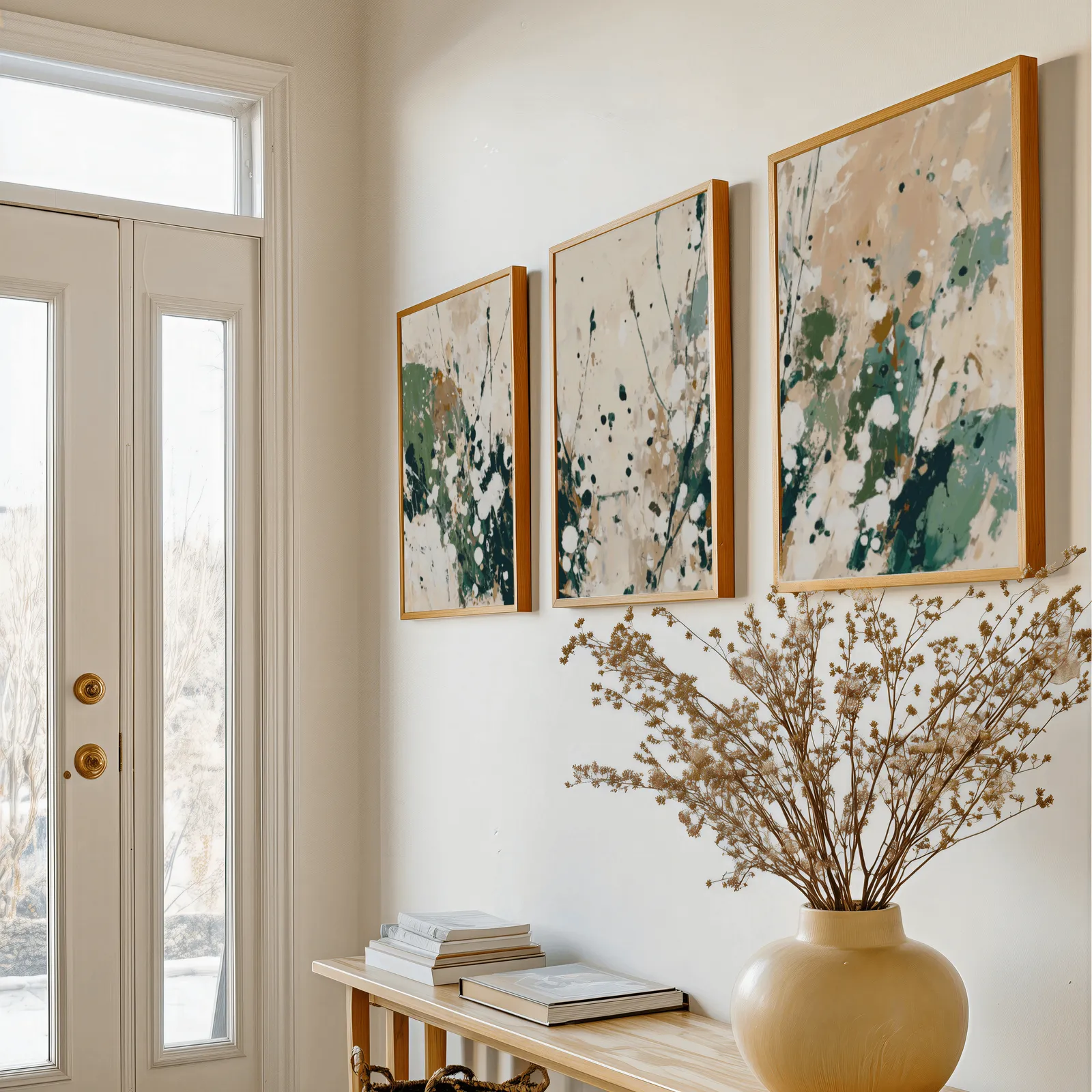 green abstract wall art set of three, above a console table with a yellow vase of dried branches