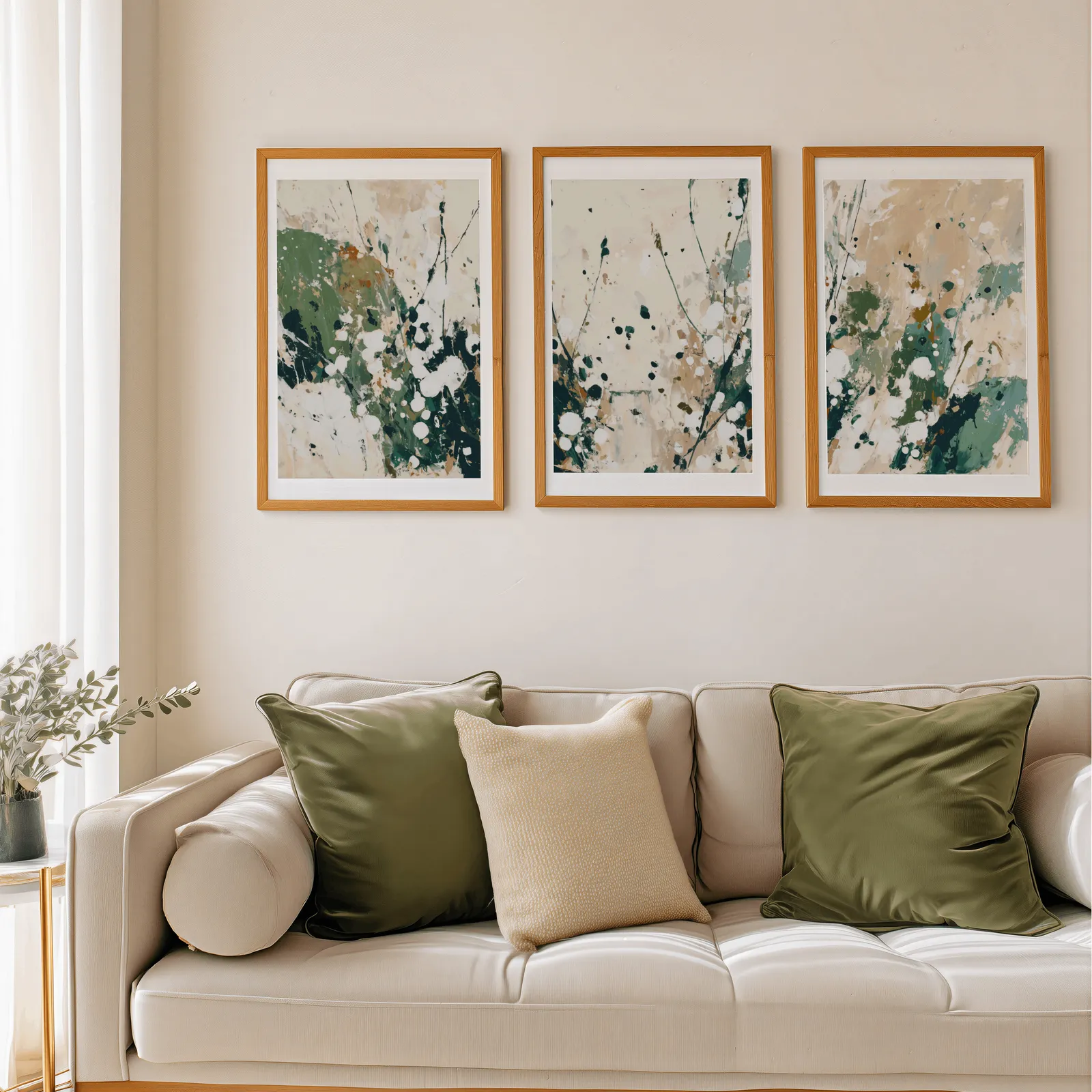 green abstract wall art set of three, above a beige sofa piled with olive green cushions