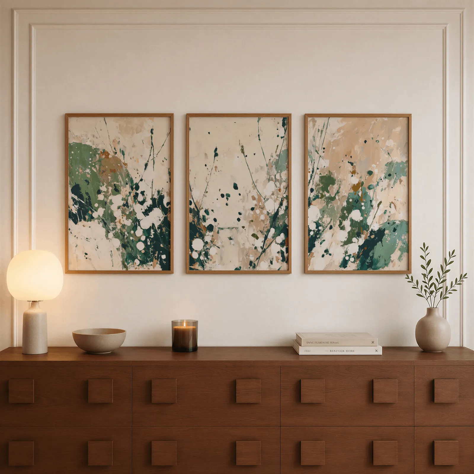 green abstract wall art set of three, above a walnut sideboard with a lit candle and glowing lamp