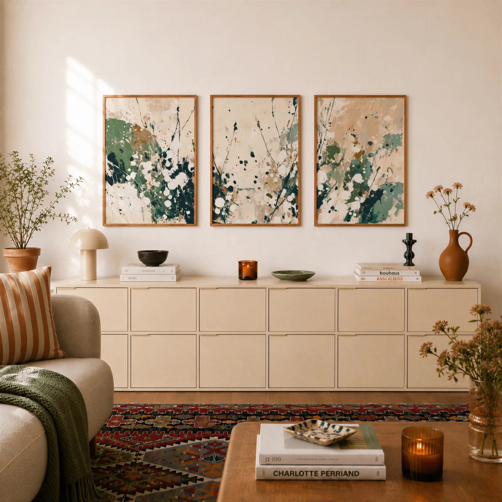 green abstract wall art set of three, above a long cream sideboard topped with books and a terracotta jug