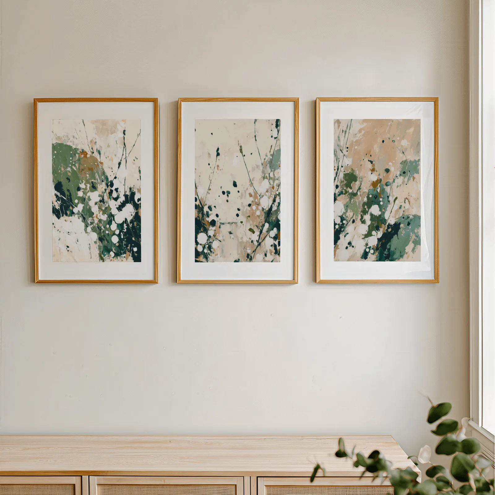 green abstract wall art set of three, in a row above a light wooden sideboard near a window