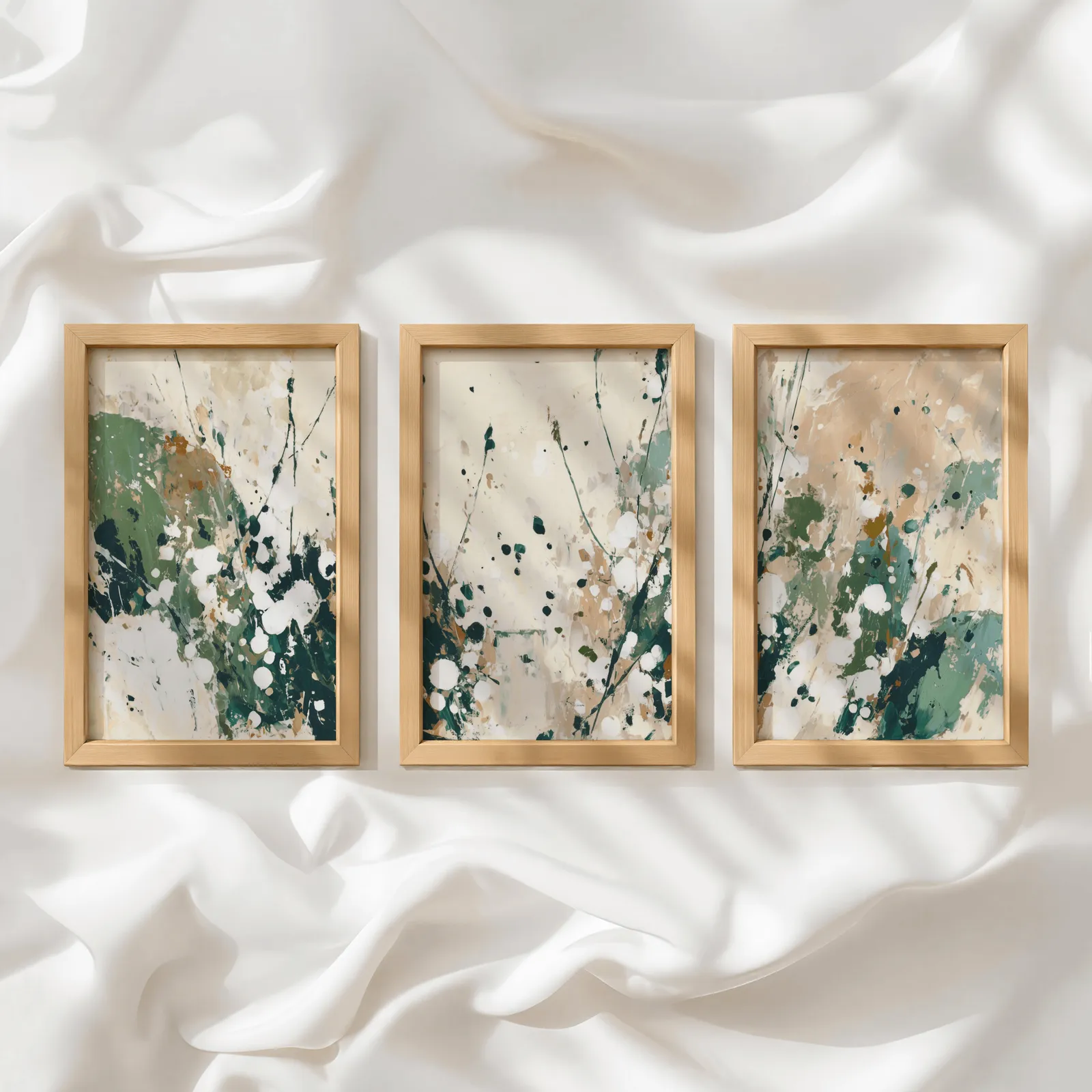 green abstract wall art set of three, in a row atop rumpled white silky fabric