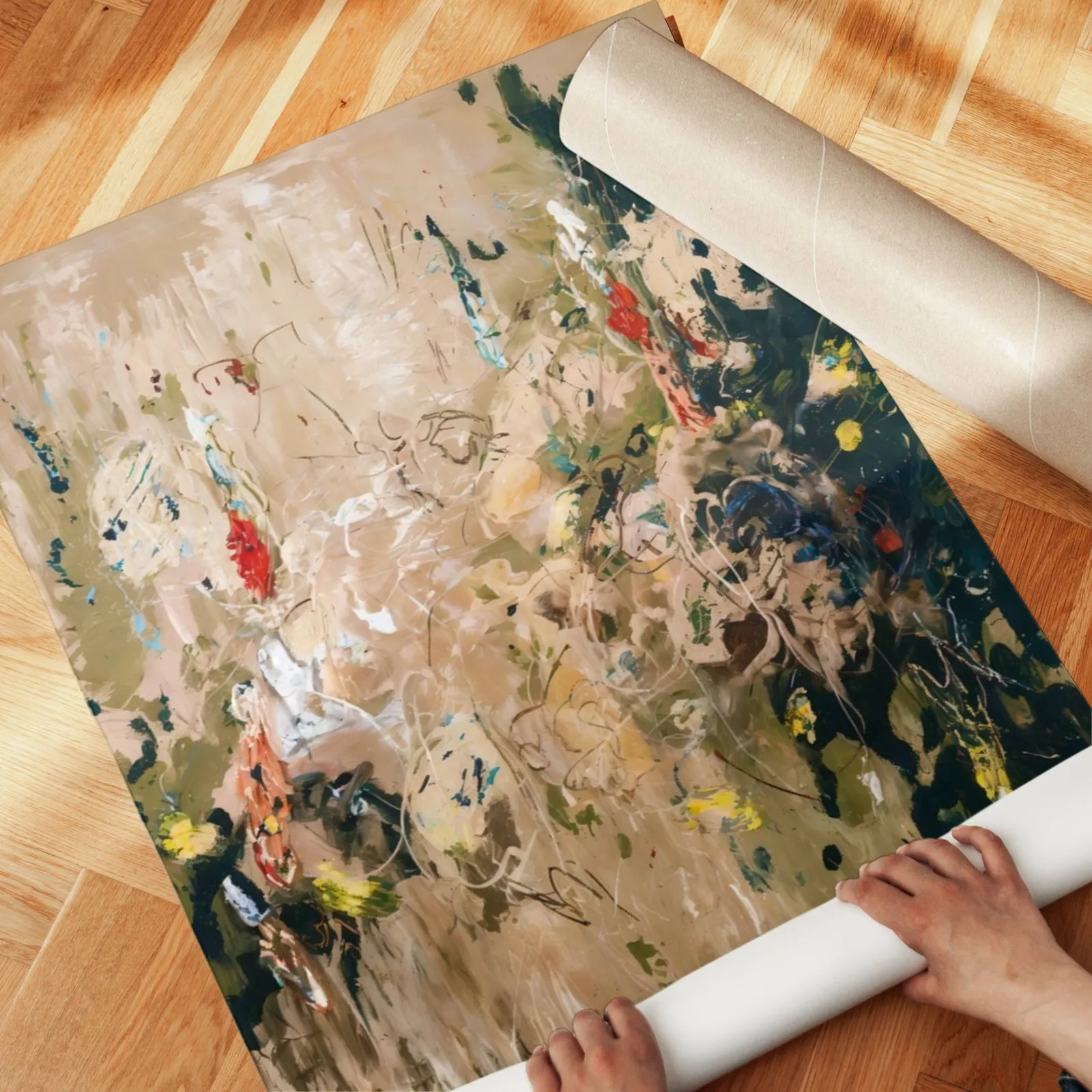 abstract floral wall art in beige and green, unrolled across a herringbone parquet floor by hand