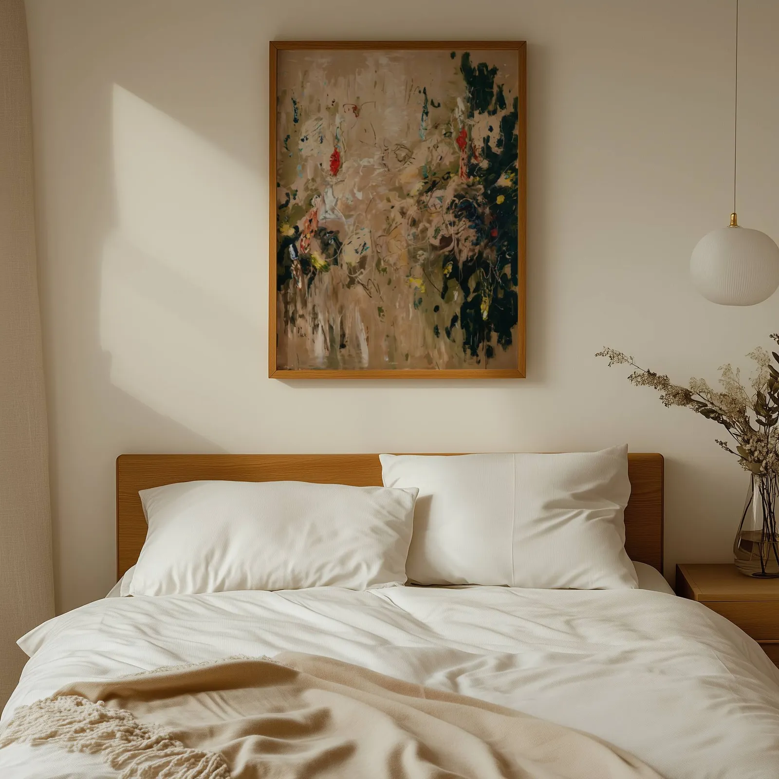 abstract floral wall art in beige and green, above a wooden headboard with white linen pillows