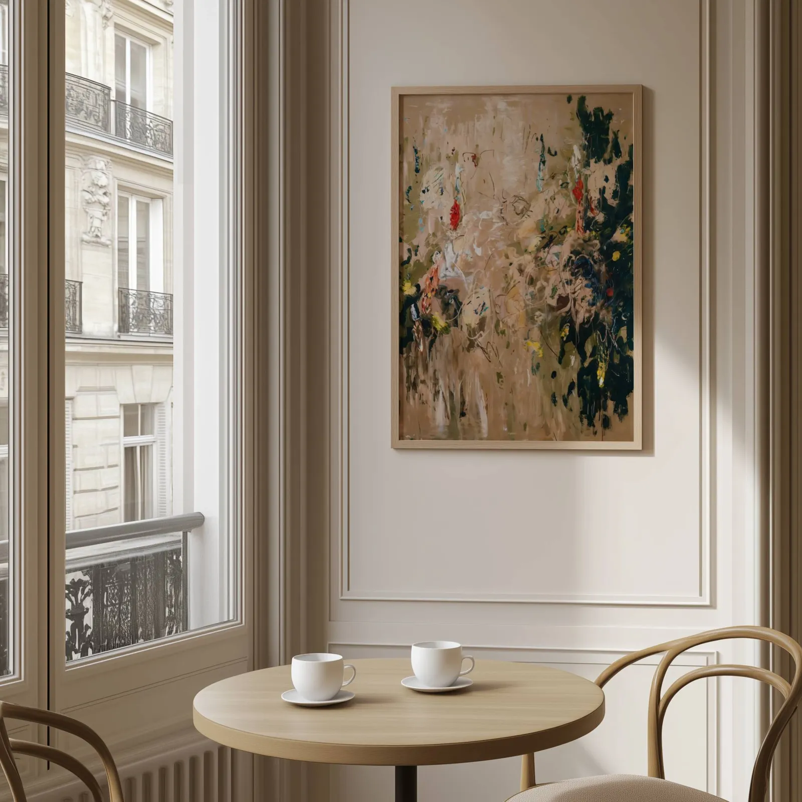 abstract floral wall art in beige and green, above a round café table set with two coffee cups