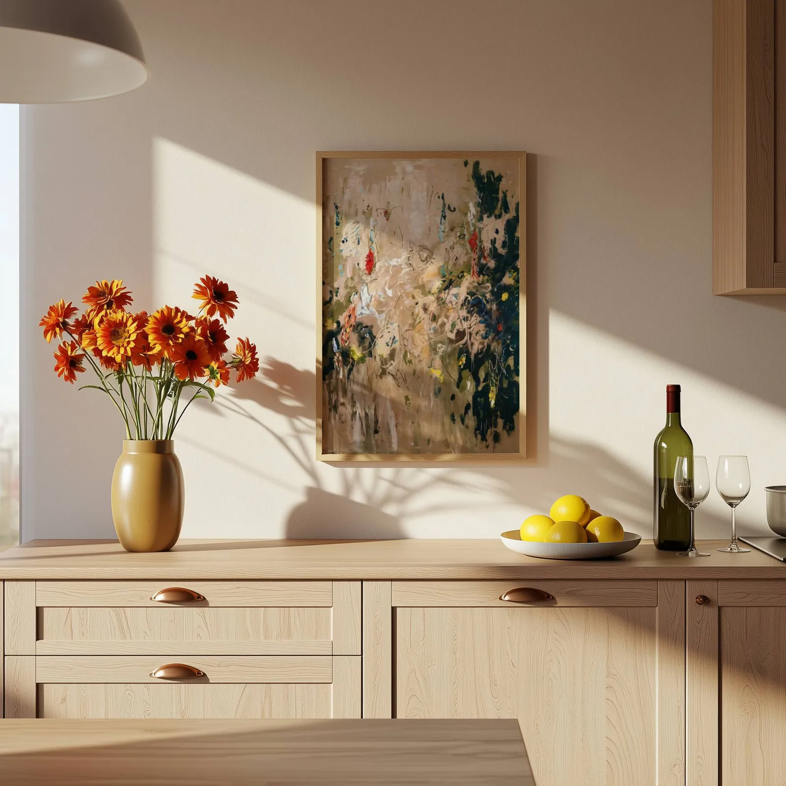 abstract floral wall art in beige and green, above a wooden counter with a bowl of lemons