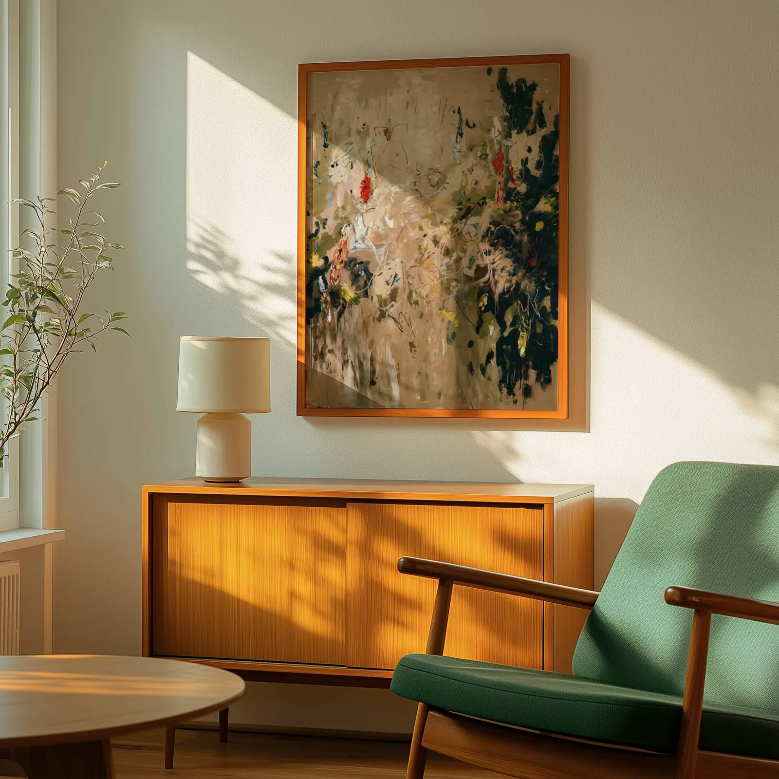 abstract floral wall art in beige and green, above a wooden sideboard with a ceramic lamp and dappled sunlight
