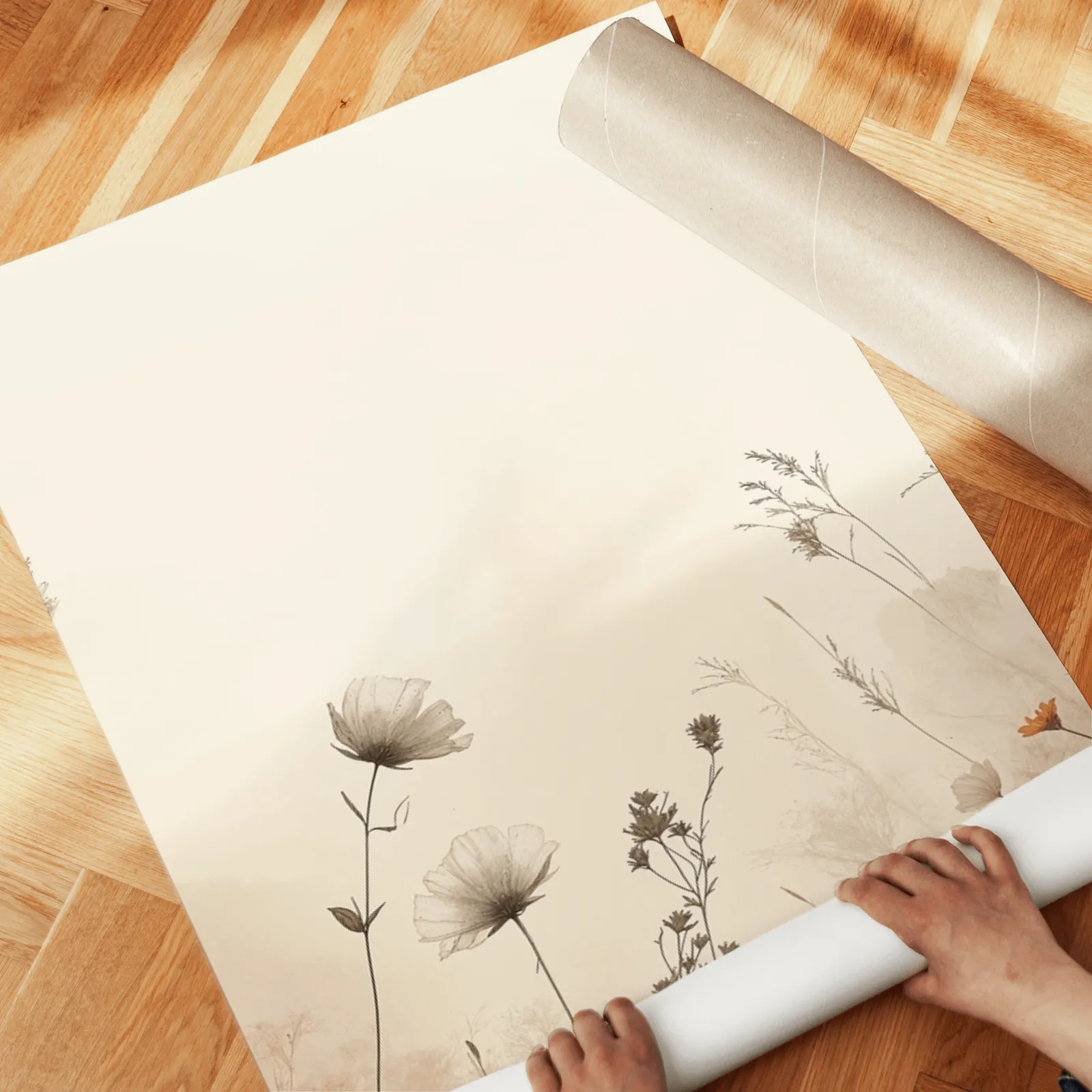 terracotta beige botanical wall art set of 3, unrolled across a herringbone wood floor by hand