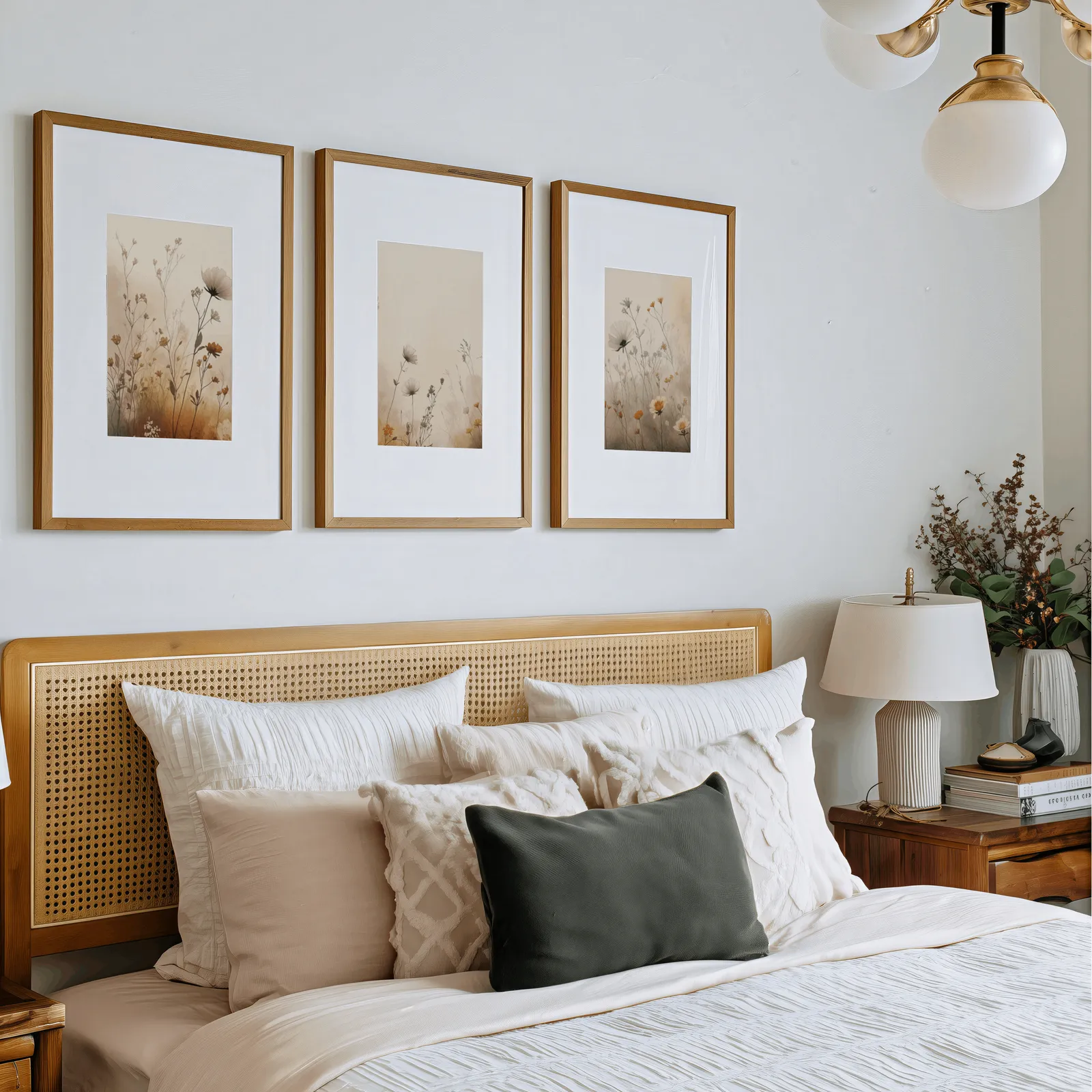 terracotta beige botanical wall art set of 3, above a rattan headboard piled with pillows