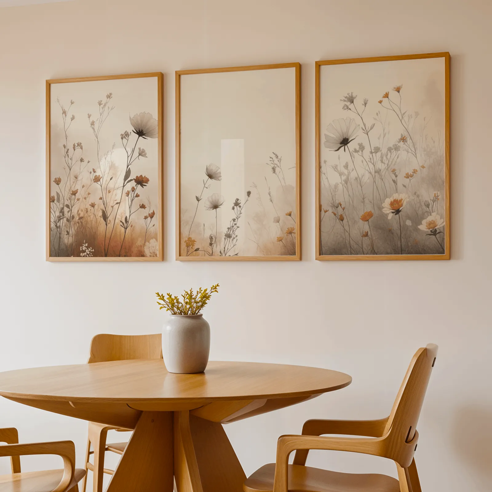 terracotta beige botanical wall art set of 3, above a round wooden table with a stoneware vase