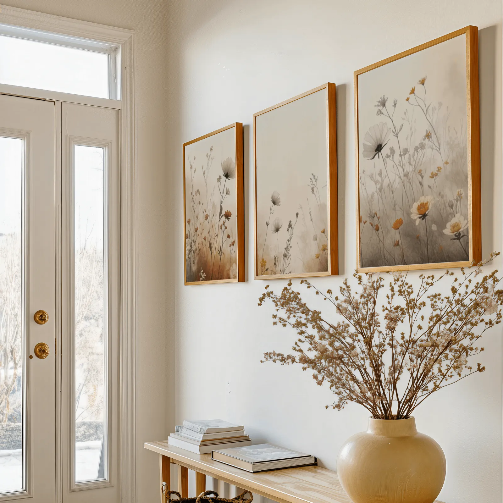 terracotta beige botanical wall art set of 3, above a console table with a yellow vase of dried branches