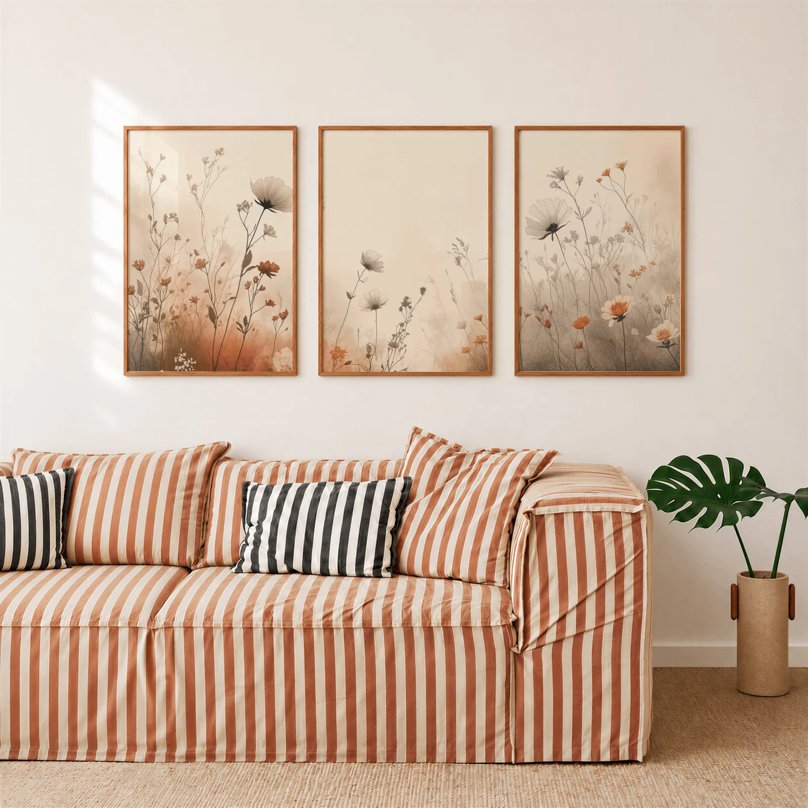 terracotta beige botanical wall art set of 3, above a rust-striped sofa beside a potted monstera