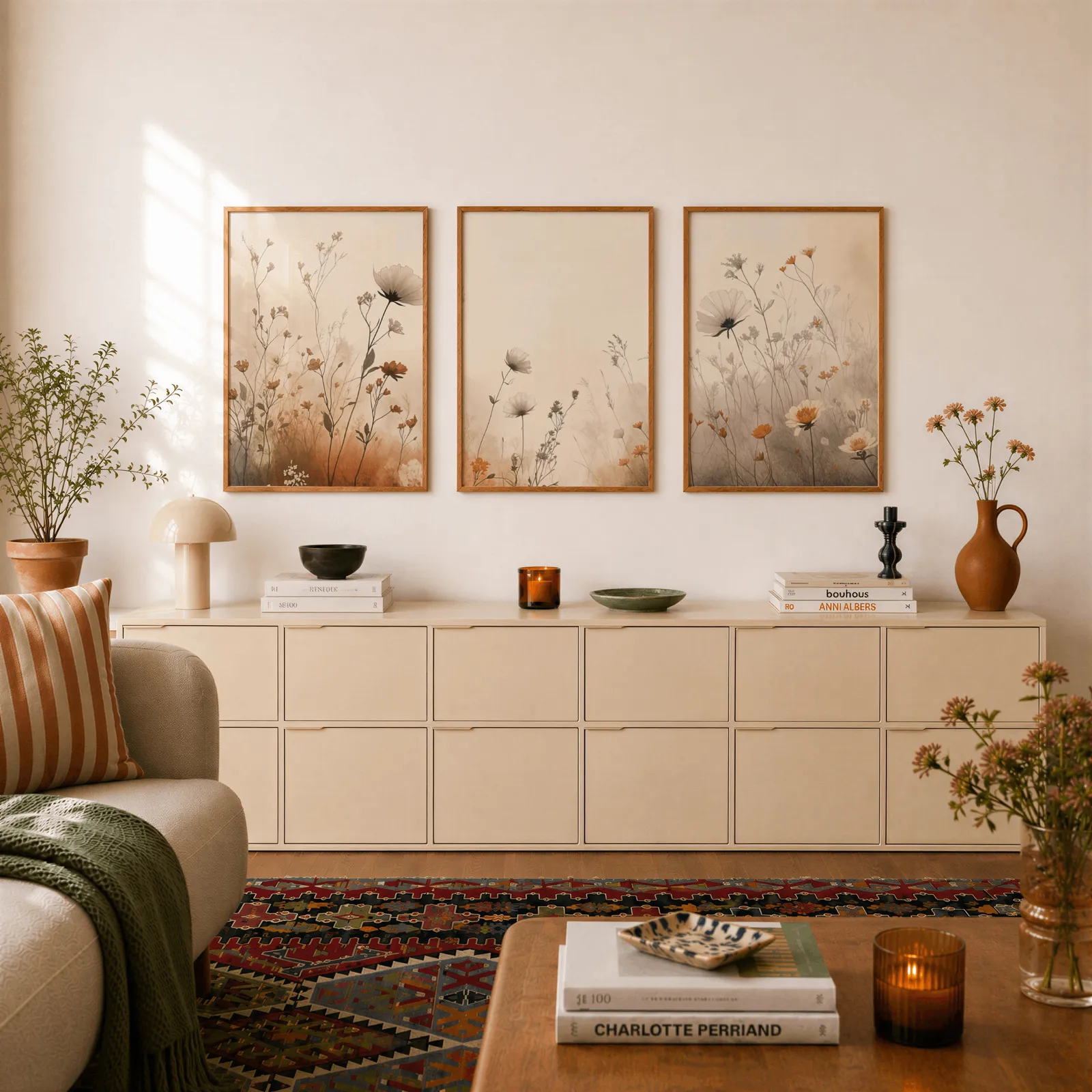 terracotta beige botanical wall art set of 3, above a long cream sideboard topped with books and a terracotta jug