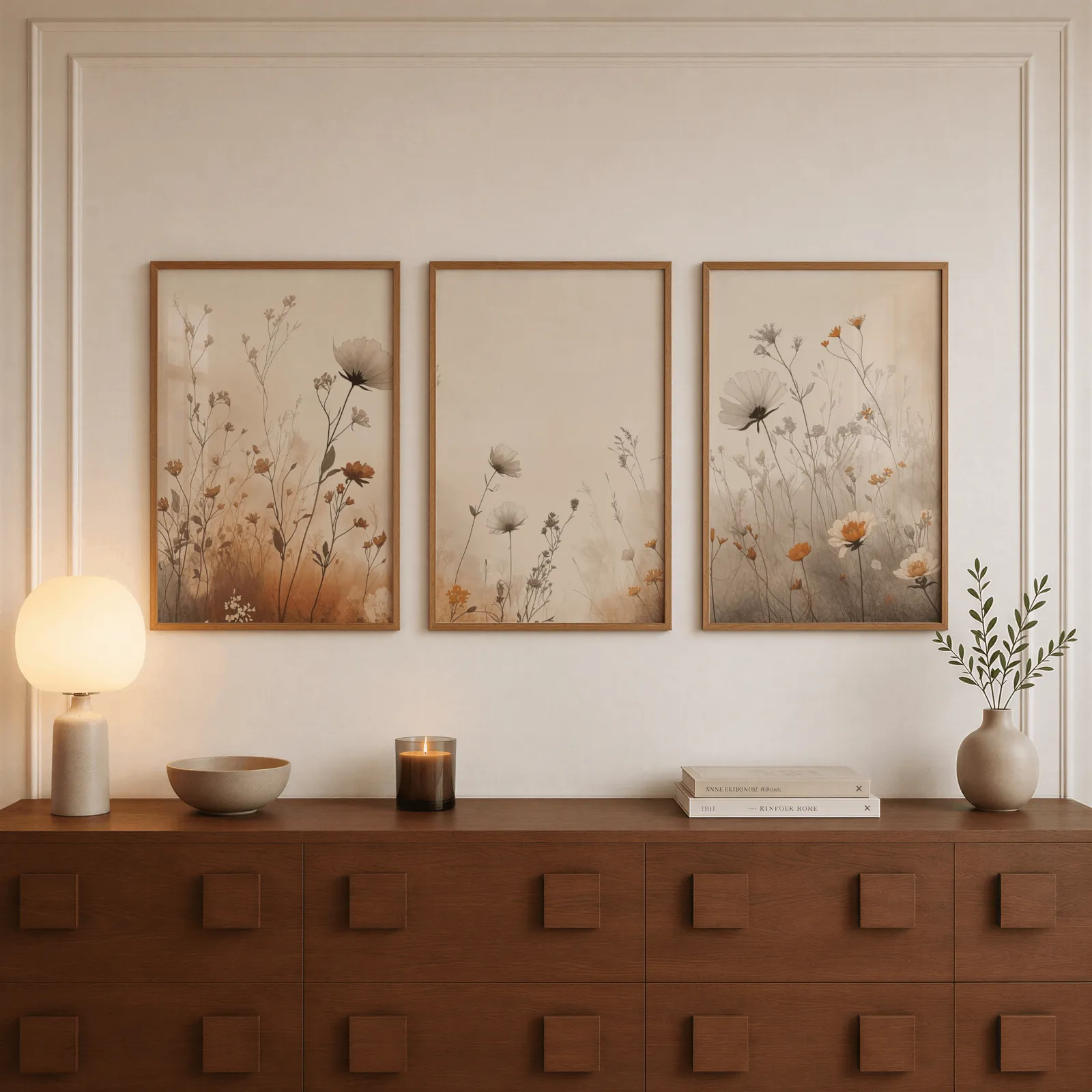 terracotta beige botanical wall art set of 3, above a walnut sideboard with a lit candle and glowing lamp