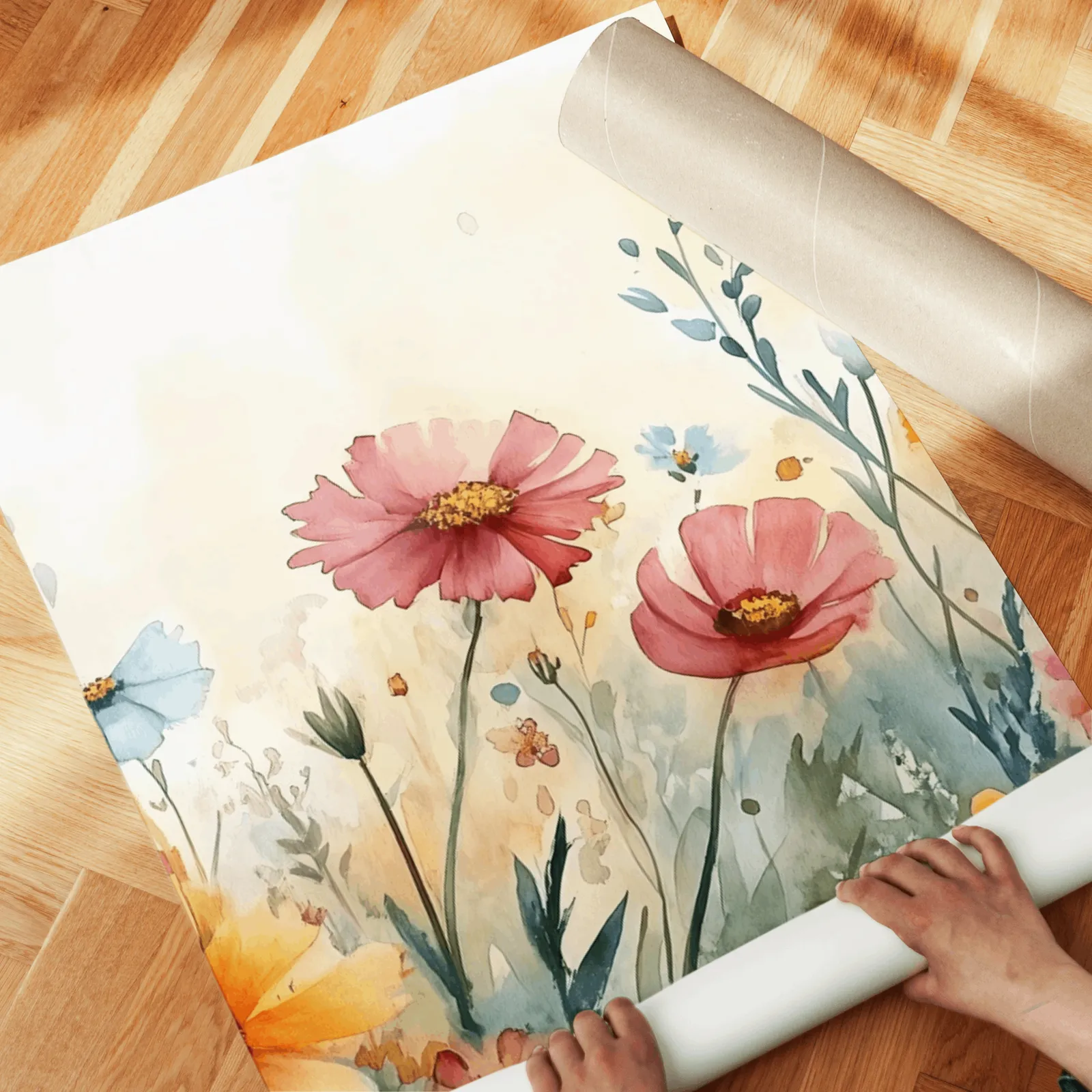 colorful wildflower meadow triptych wall art, unrolled across a herringbone wood floor by hand