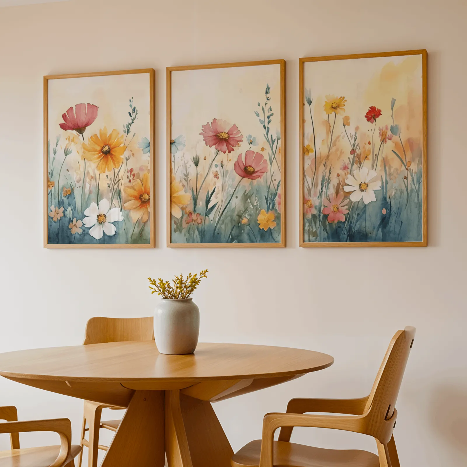 colorful wildflower meadow triptych wall art, above a round wooden table with a stoneware vase