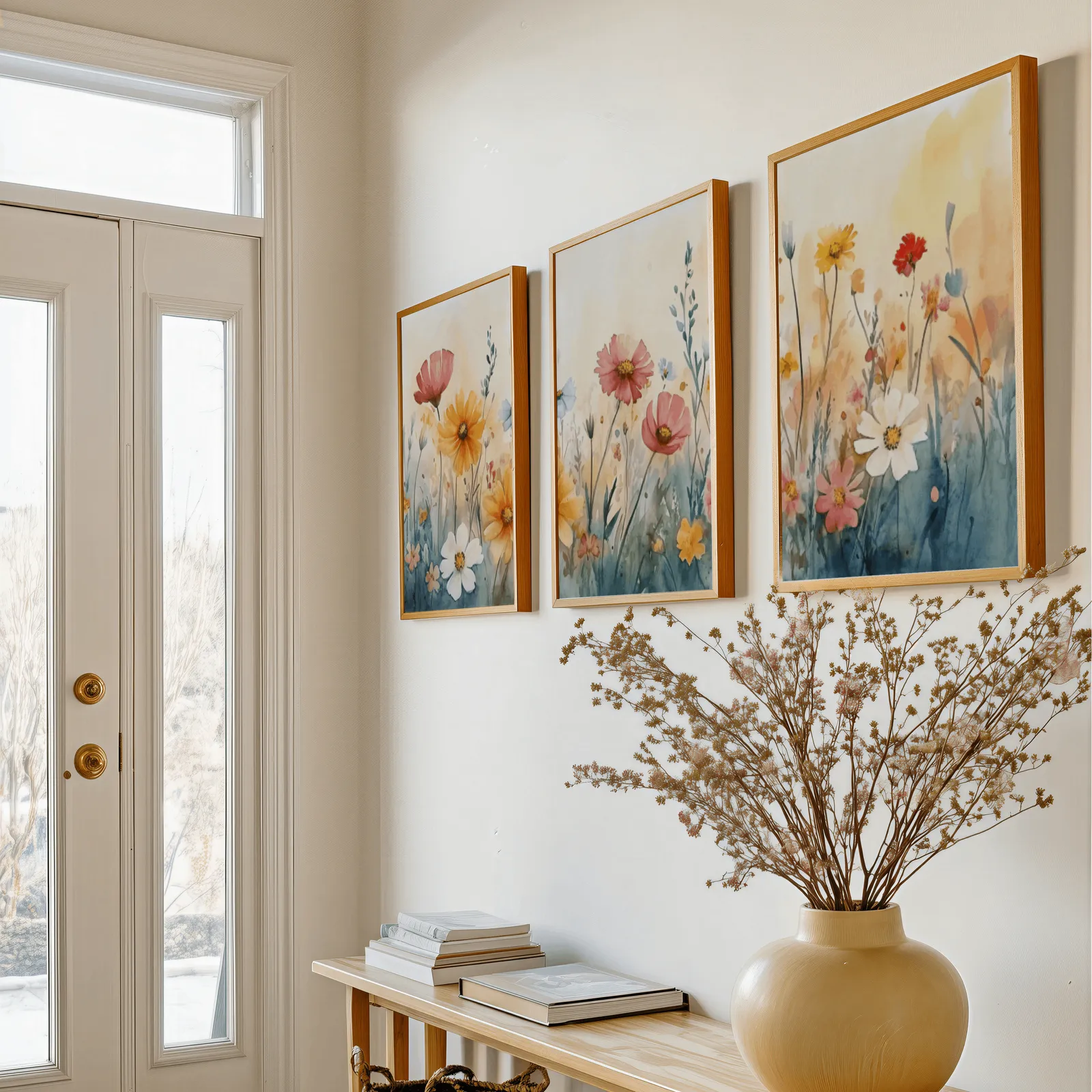 colorful wildflower meadow triptych wall art, above a console table with a yellow vase of dried branches
