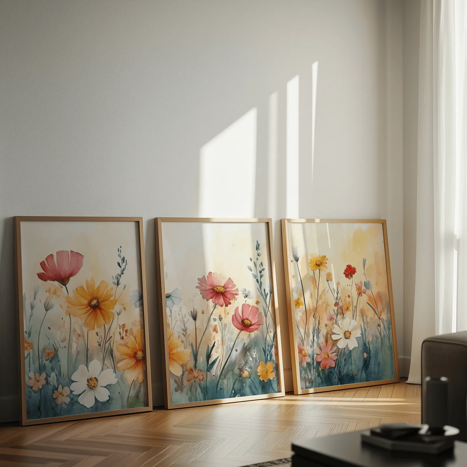 colorful wildflower meadow triptych wall art, leaning against a sunlit wall on herringbone flooring