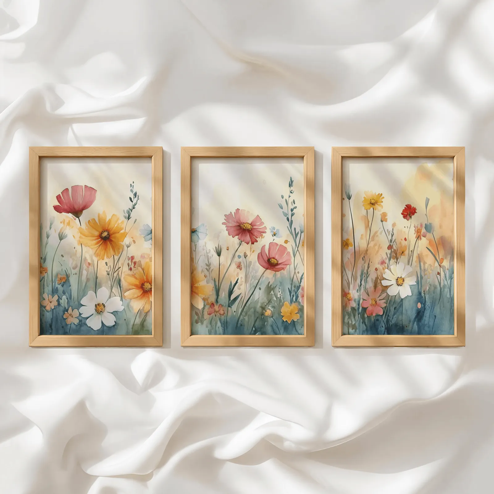 colorful wildflower meadow triptych wall art, in a row atop rumpled white silky fabric