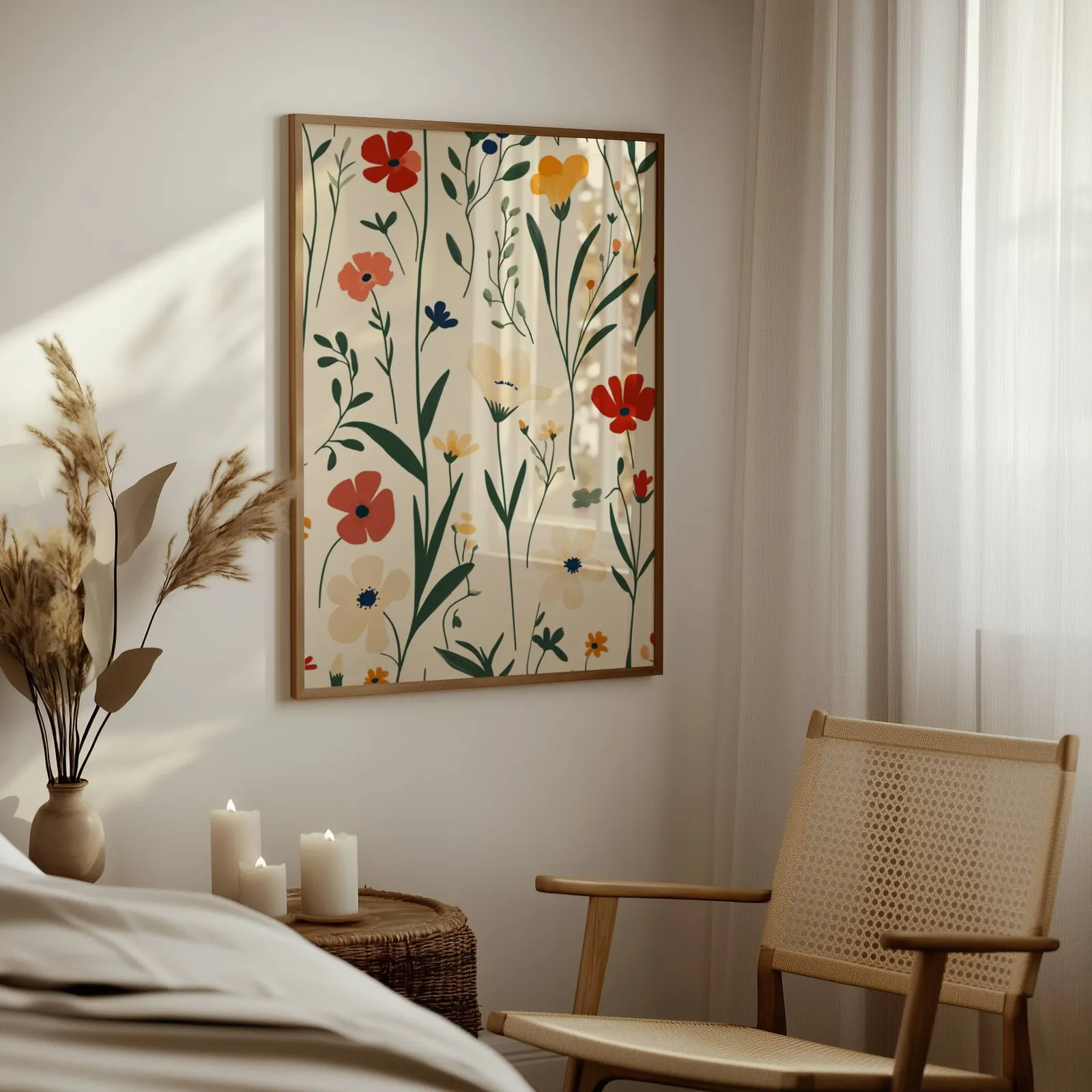 colorful wildflower botanical wall art, above a woven side table with lit candles and pampas grass
