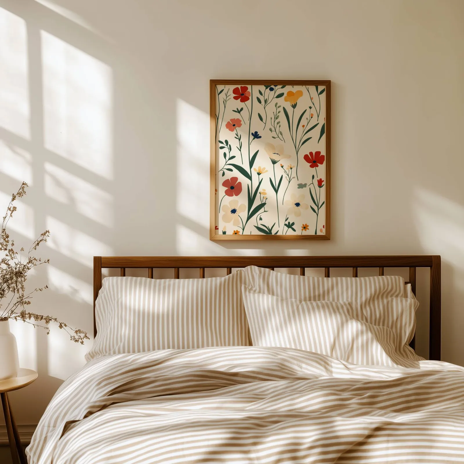 colorful wildflower botanical wall art, above a spindle headboard with striped linen bedding