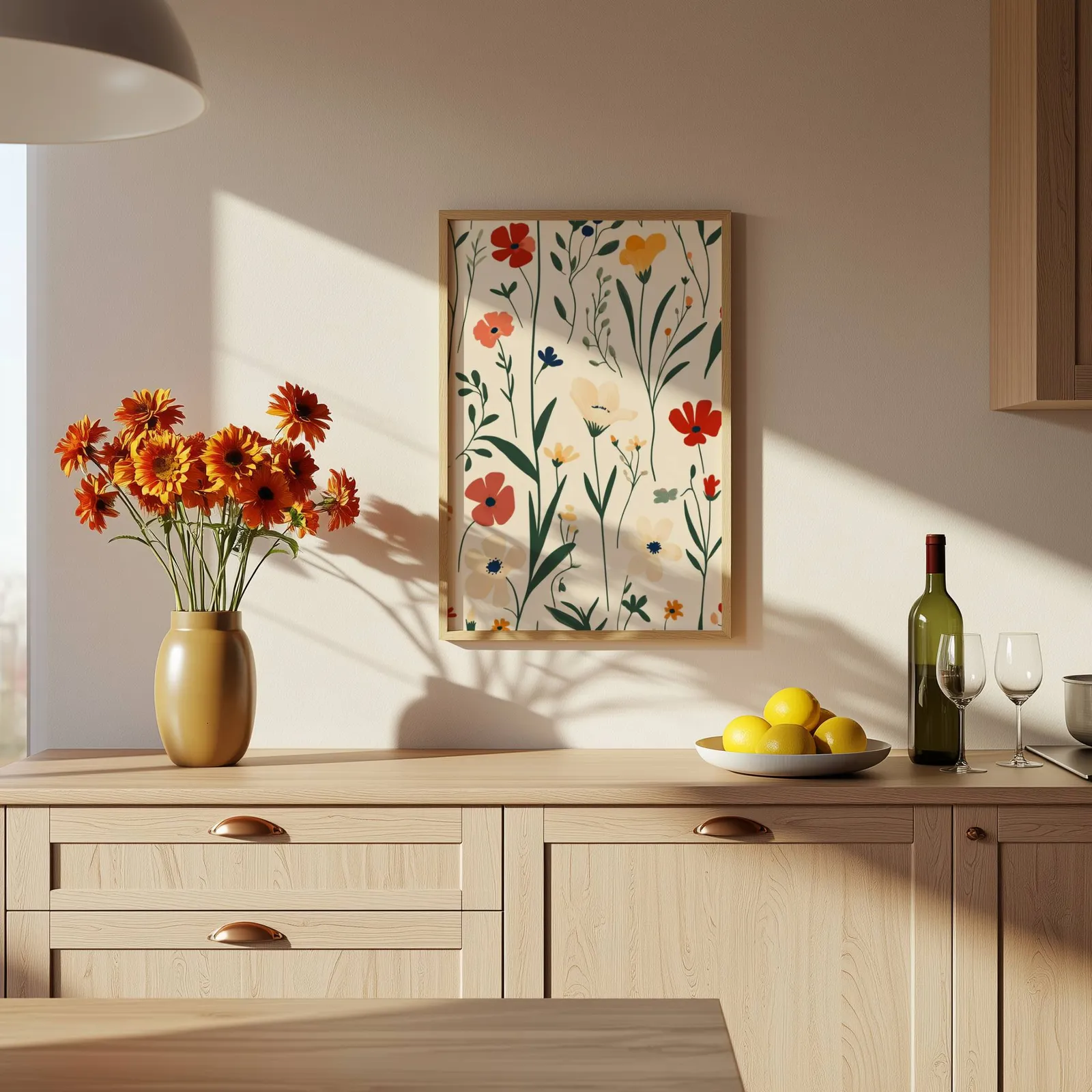 colorful wildflower botanical wall art, above a wooden counter with a bowl of lemons