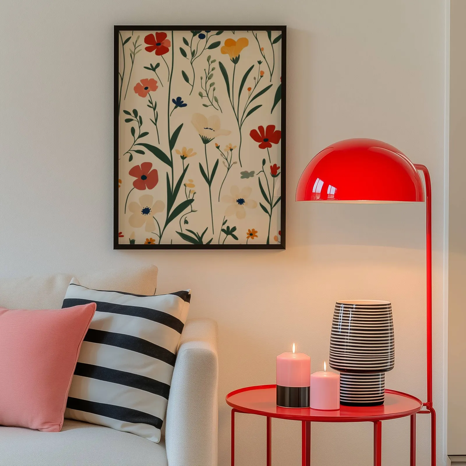 colorful wildflower botanical wall art, above a cream sofa beside a glossy red dome lamp