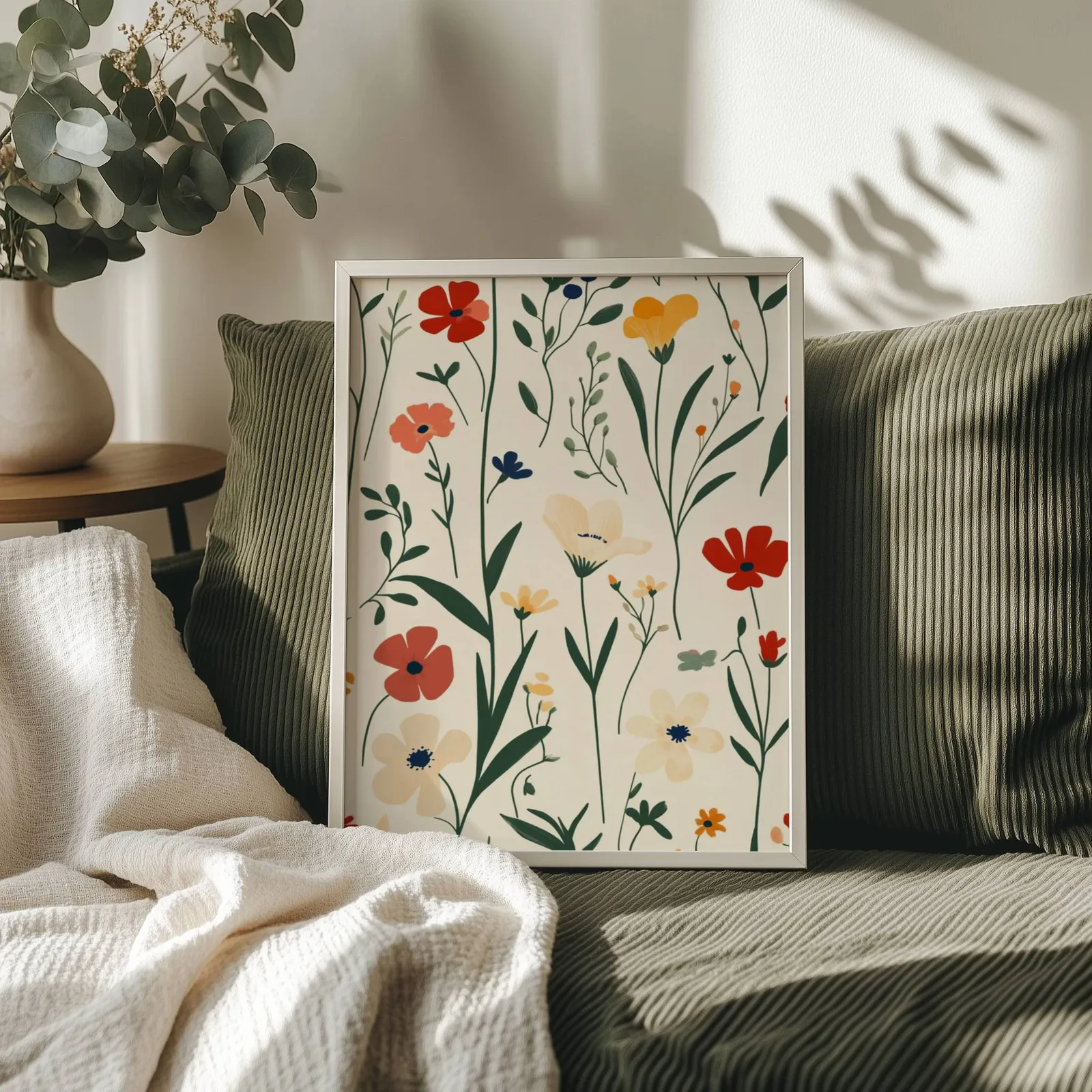 colorful wildflower botanical wall art, propped on an olive corduroy sofa beside a eucalyptus vase