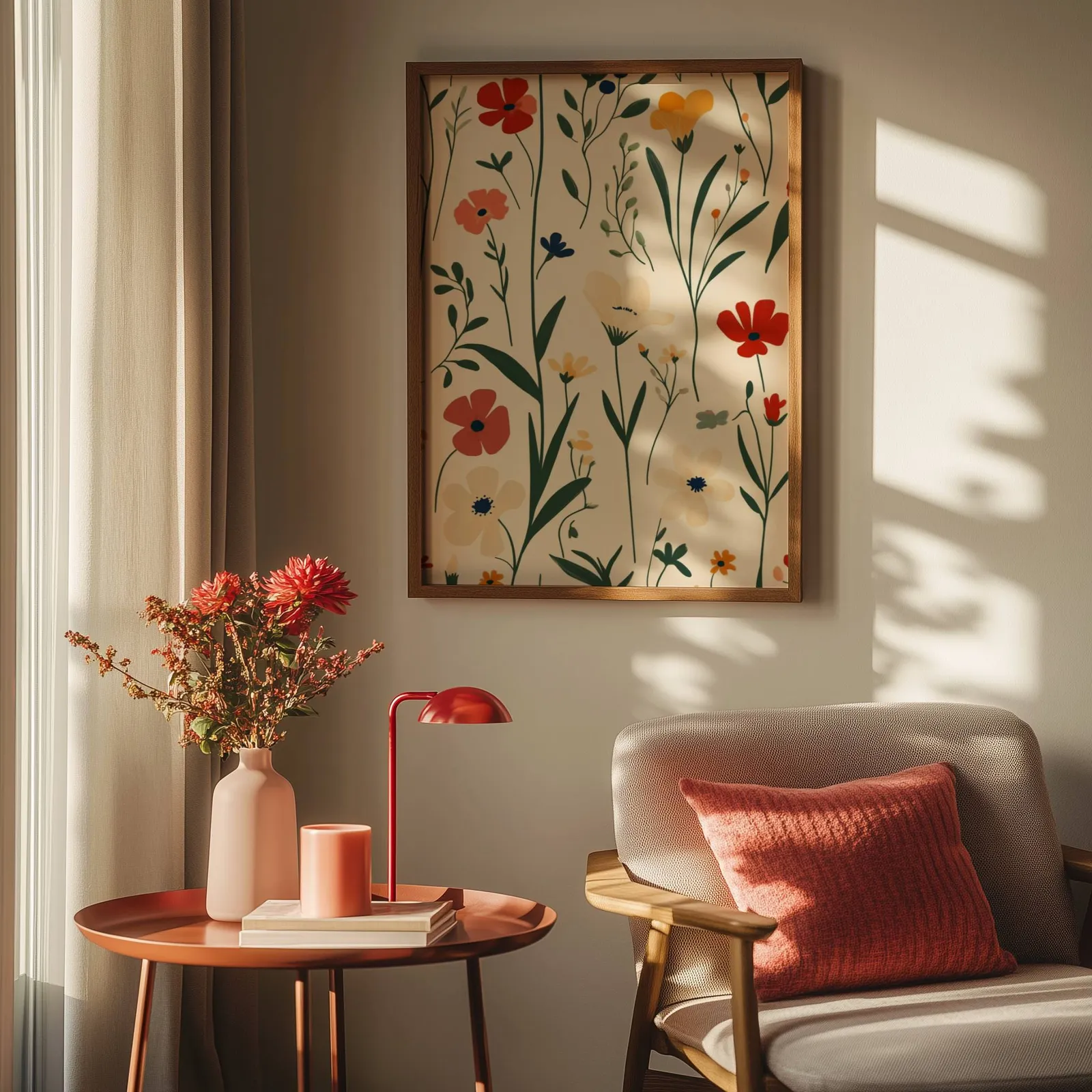 colorful wildflower botanical wall art, above a round side table with a red lamp and dahlias
