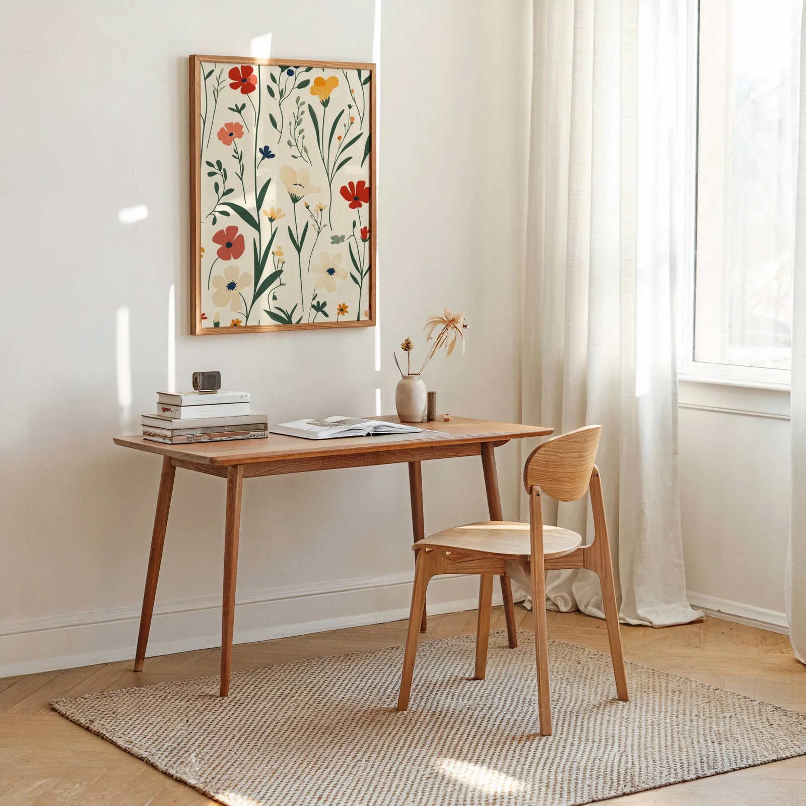 colorful wildflower botanical wall art, above a wooden desk stacked with books near a sunlit window