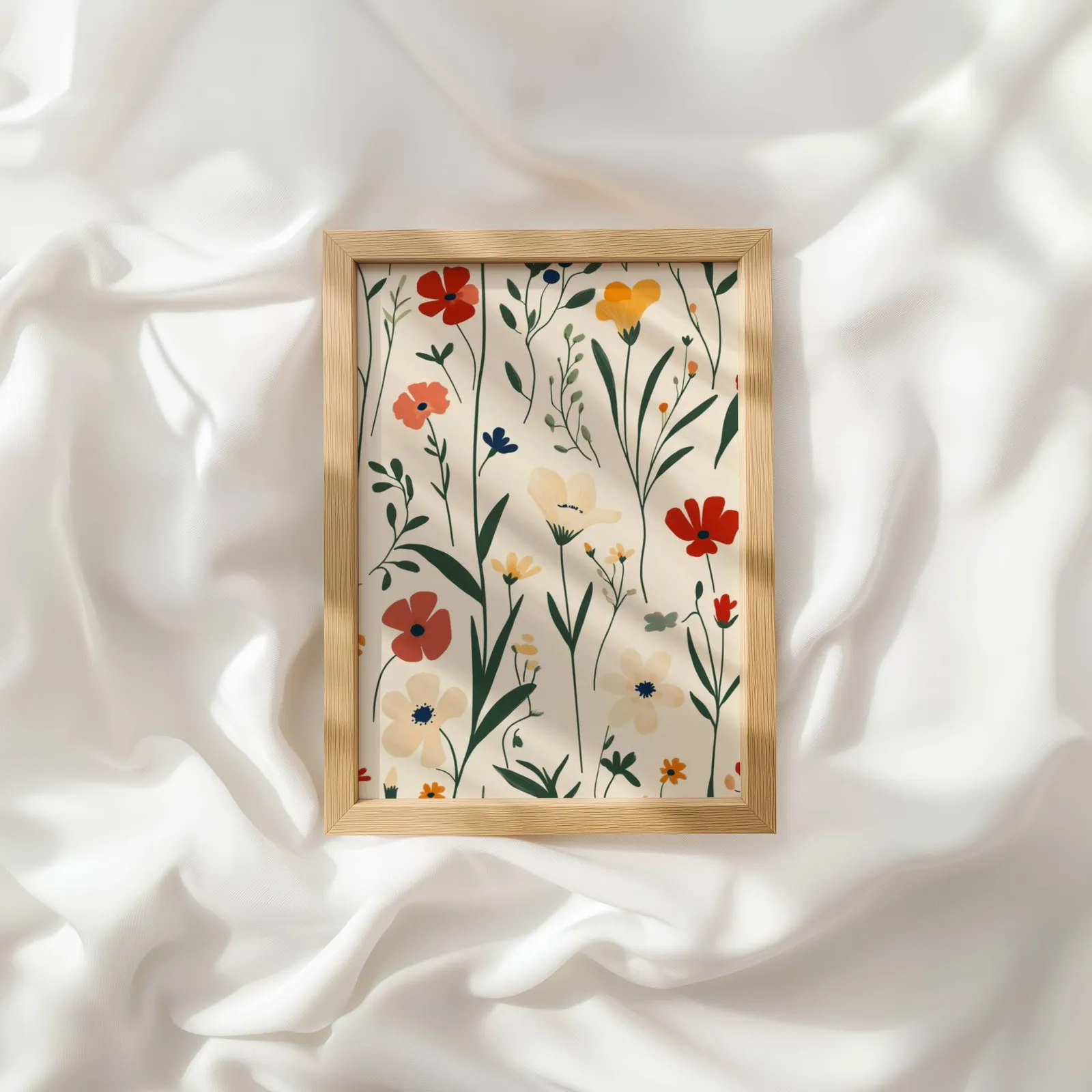 colorful wildflower botanical wall art, resting atop rumpled white silky fabric