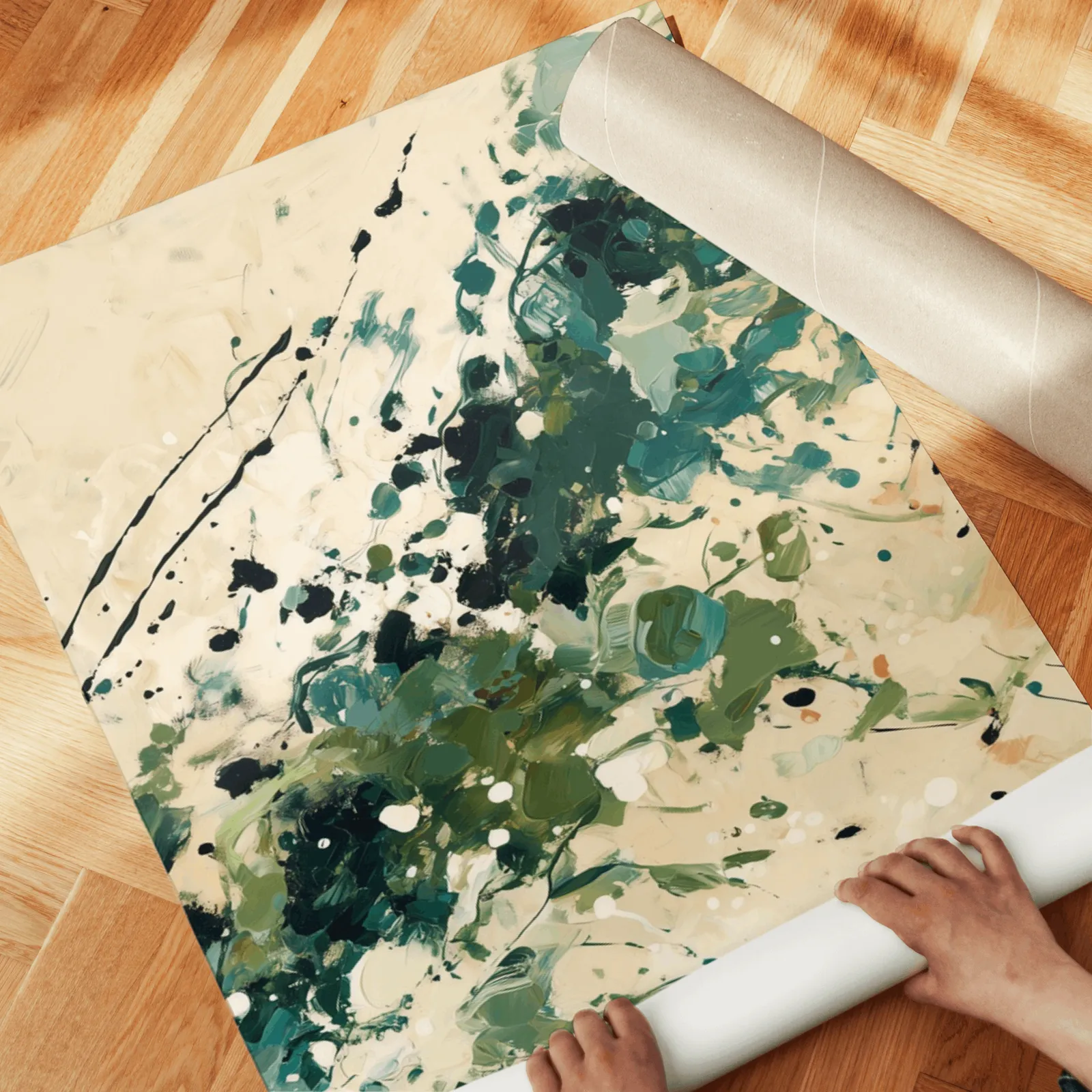 green abstract splatter triptych wall art, unrolled across a herringbone wood floor by hand