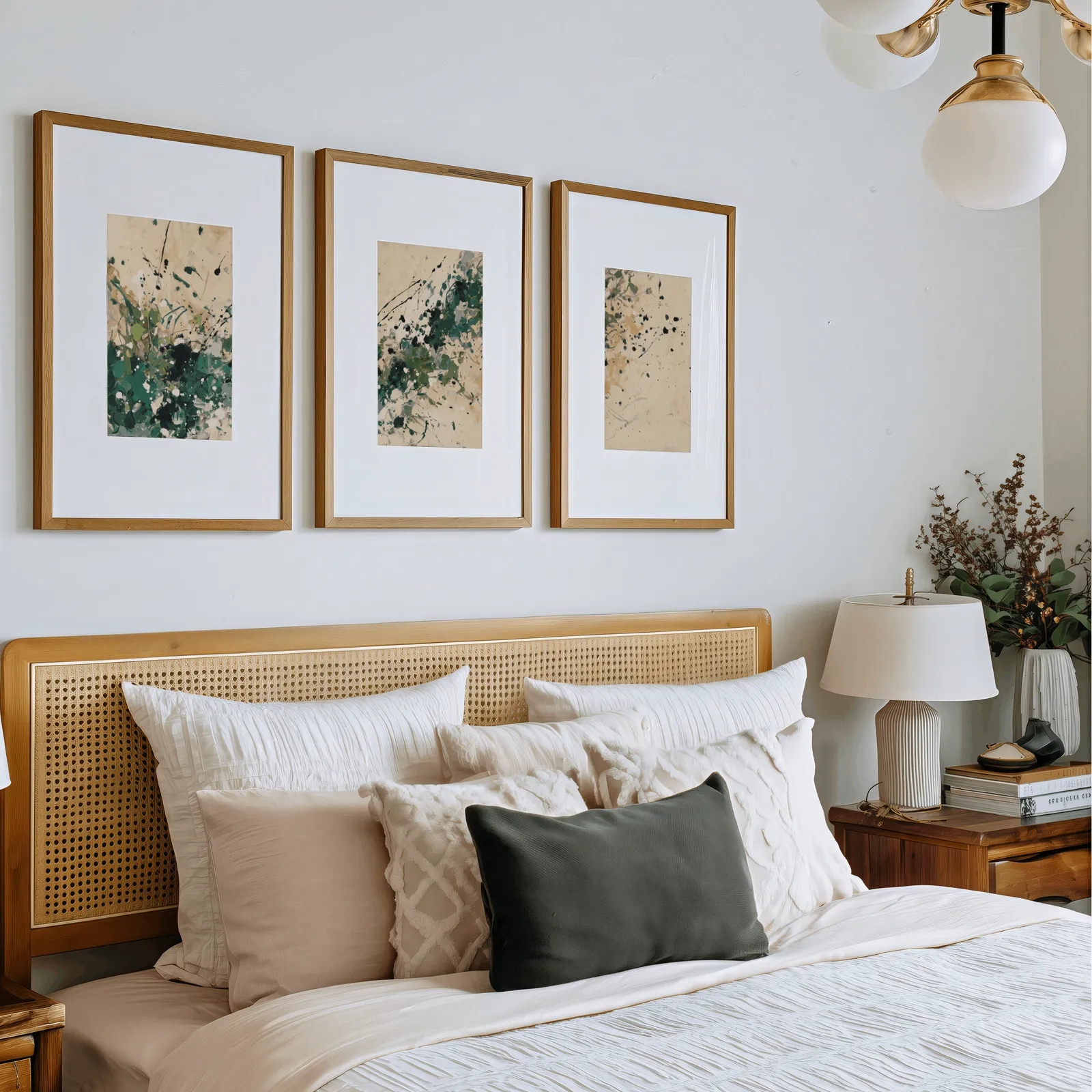 green abstract splatter triptych wall art, above a rattan headboard piled with pillows