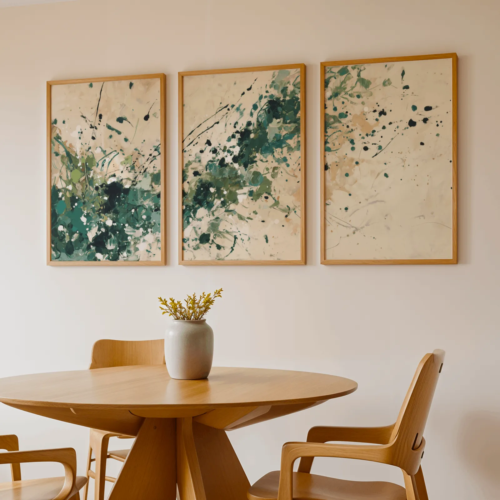 green abstract splatter triptych wall art, above a round wooden table with a stoneware vase
