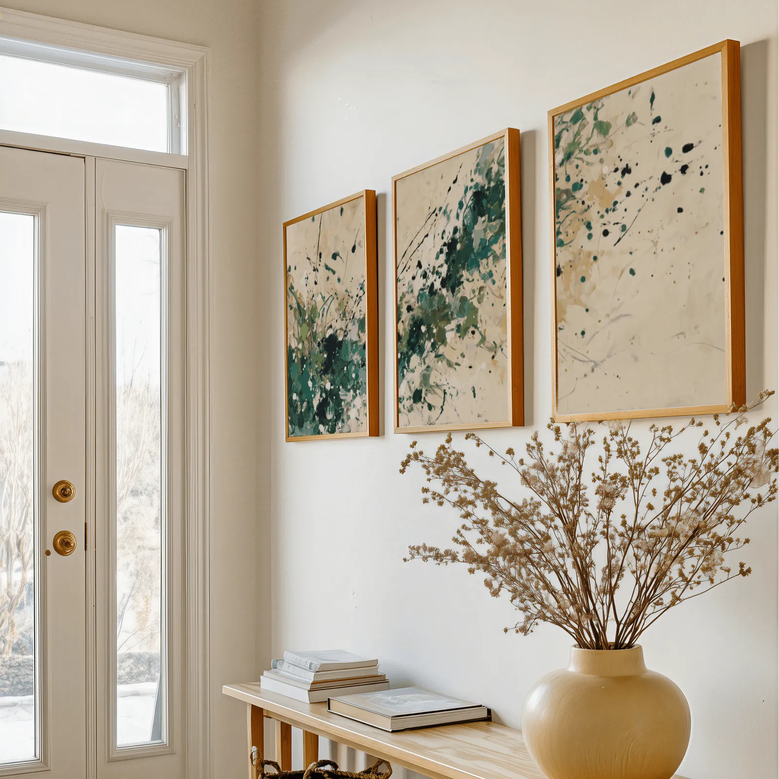 green abstract splatter triptych wall art, above a console table with a yellow vase of dried branches