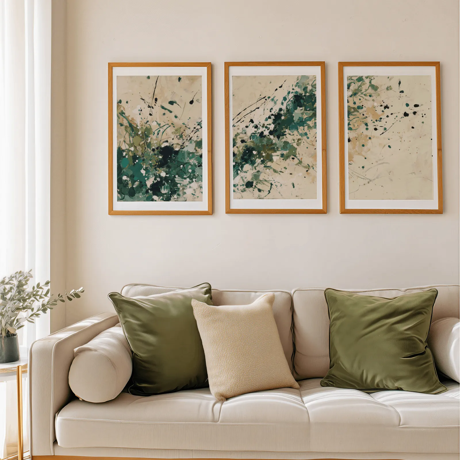 green abstract splatter triptych wall art, above a beige sofa piled with olive green cushions