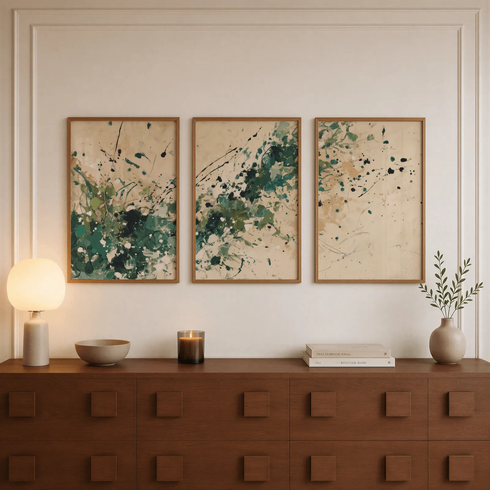 green abstract splatter triptych wall art, above a walnut sideboard with a lit candle and glowing lamp